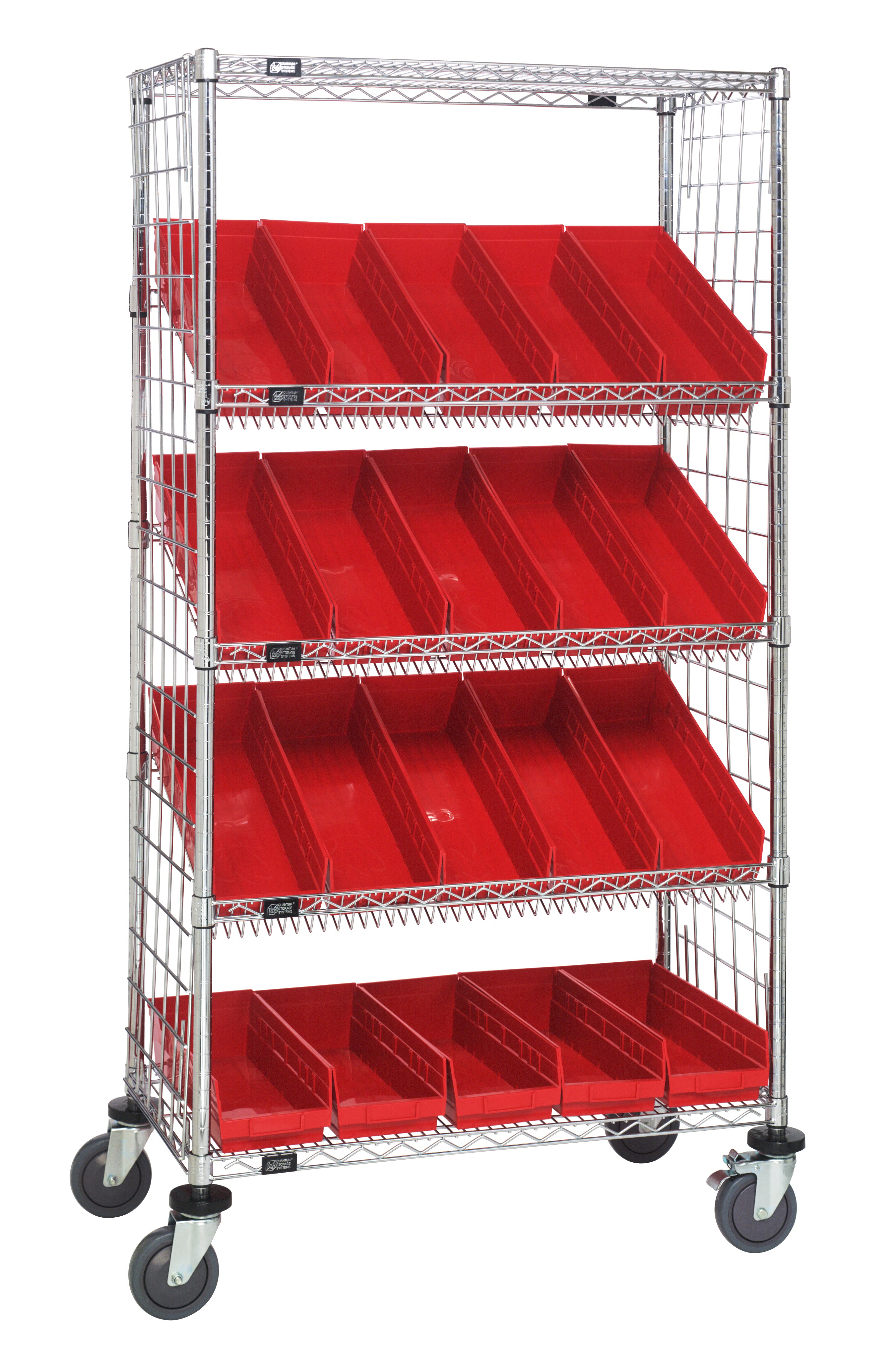 Slanted Shelf Enclosure Cart, 36"W x 18"D x 69"H, 1200 lbs load capacity, includes: (2) flat and (3) slanted shelves, (20) QSB104 red bins and side enclosure panels, chrome plated finish, shipped KD