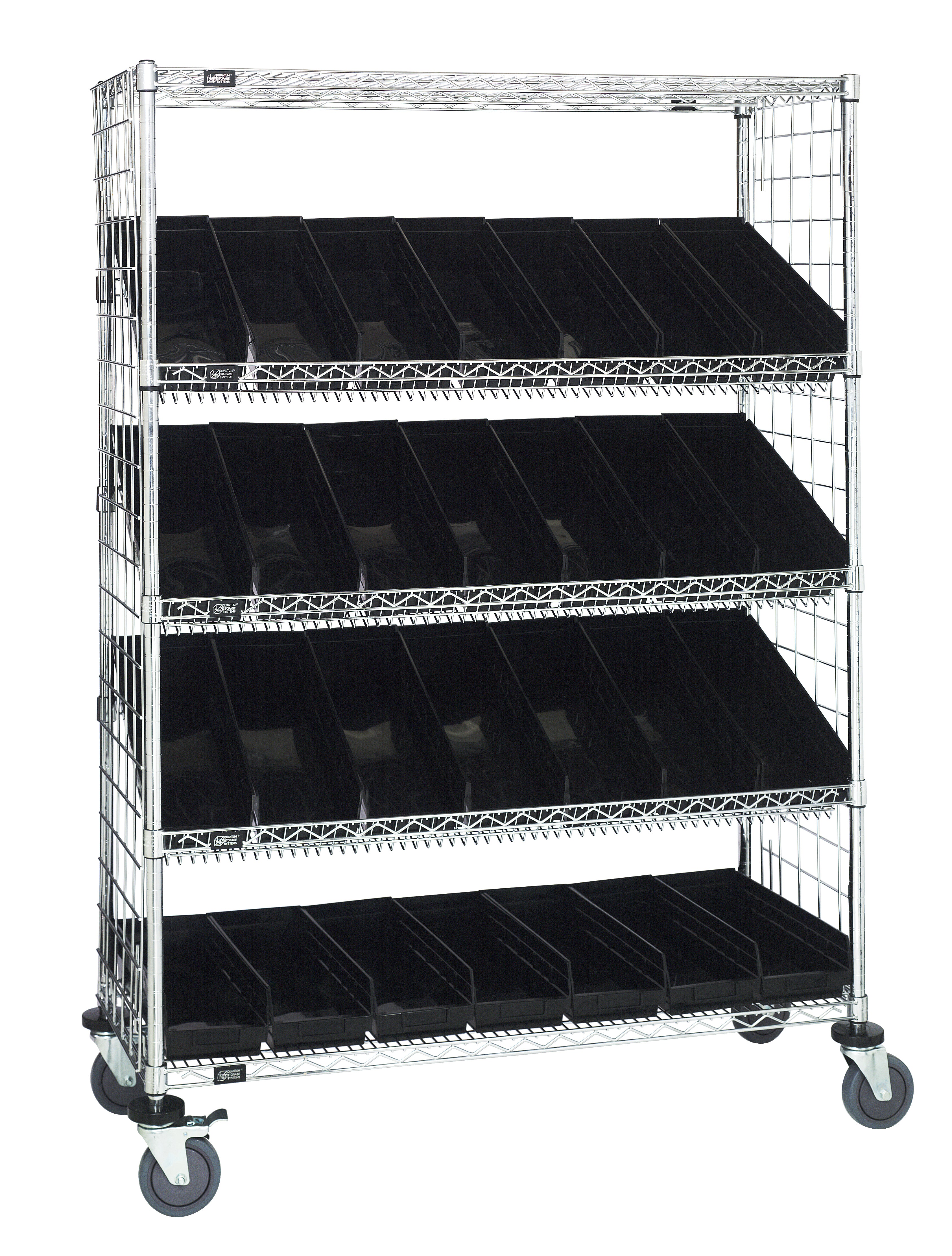 Slanted Shelf Enclosure Cart, 48"W x 18"D x 69"H, 1200 lbs load capacity, includes: (2) flat and (3) slanted shelves, (30) QSB104 black bins and side enclosure panels, chrome plated finish, shipped KD