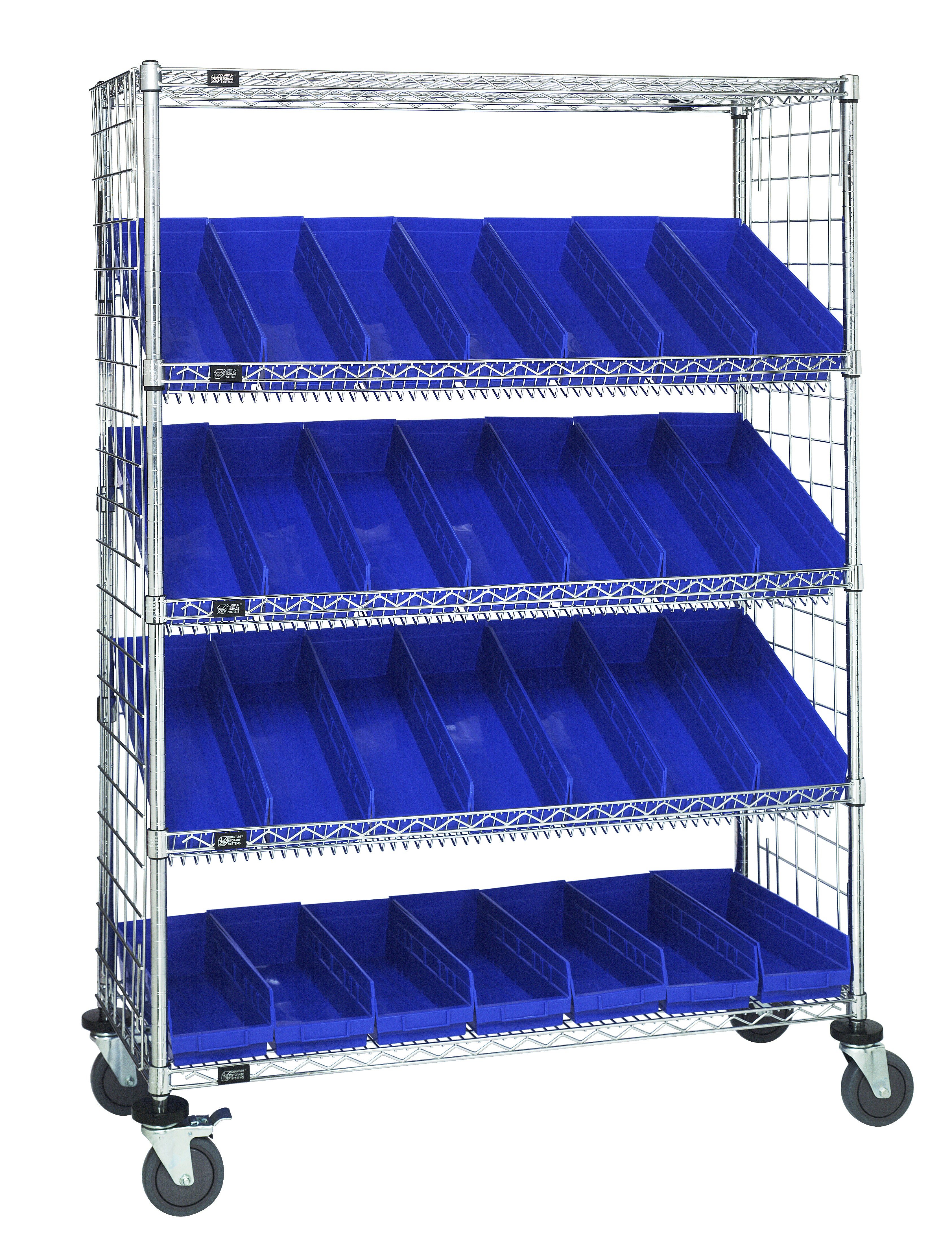Slanted Shelf Enclosure Cart, 48"W x 18"D x 69"H, 1200 lbs load capacity, includes: (2) flat and (3) slanted shelves, (30) QSB104 blue bins and side enclosure panels, chrome plated finish, shipped KD