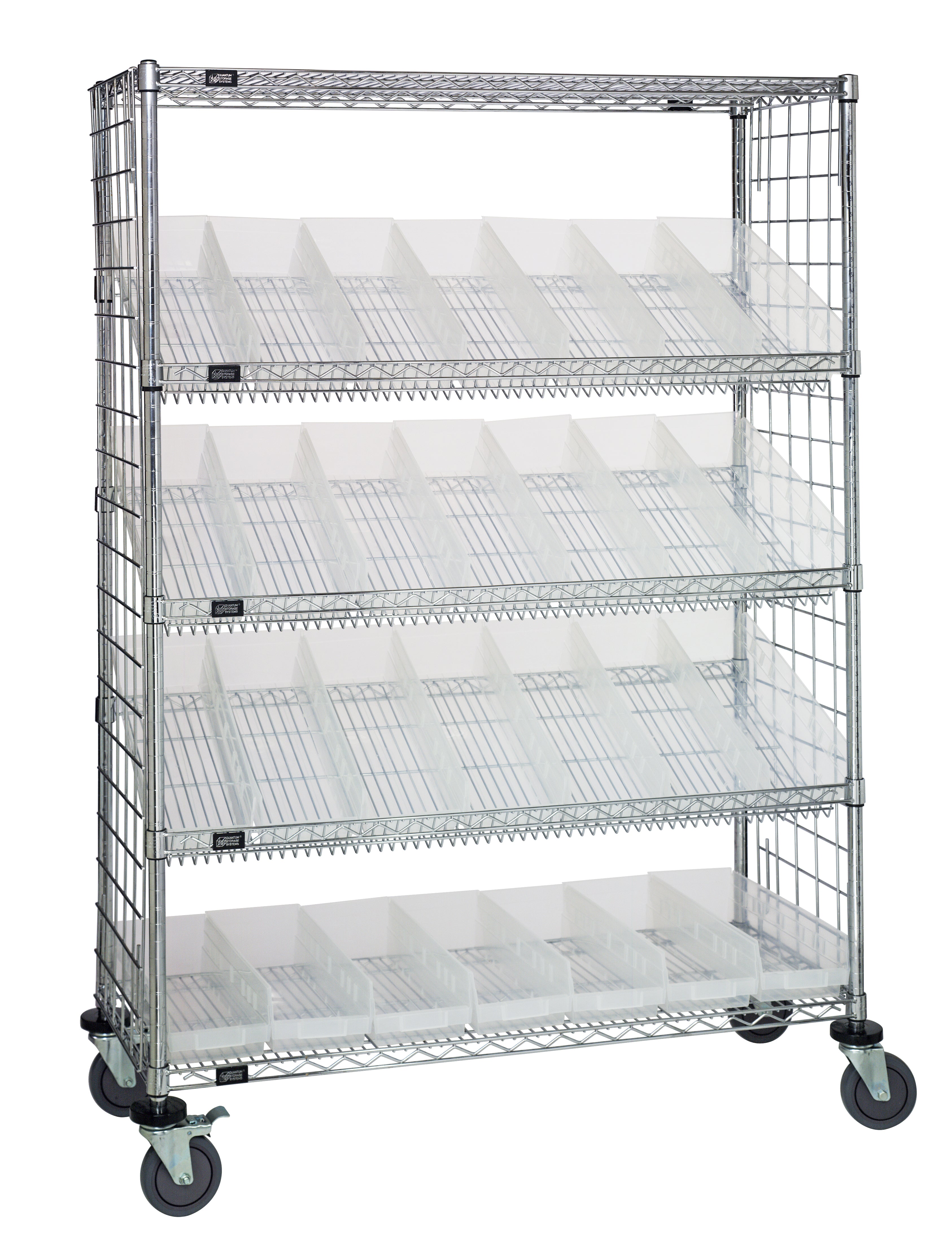 Slanted Shelf Enclosure Cart, 48"W x 18"D x 69"H, 1200 lbs load capacity, includes: (2) flat and (3) slanted shelves, (30) QSB104 clear bins and side enclosure panels, chrome plated finish, shipped KD