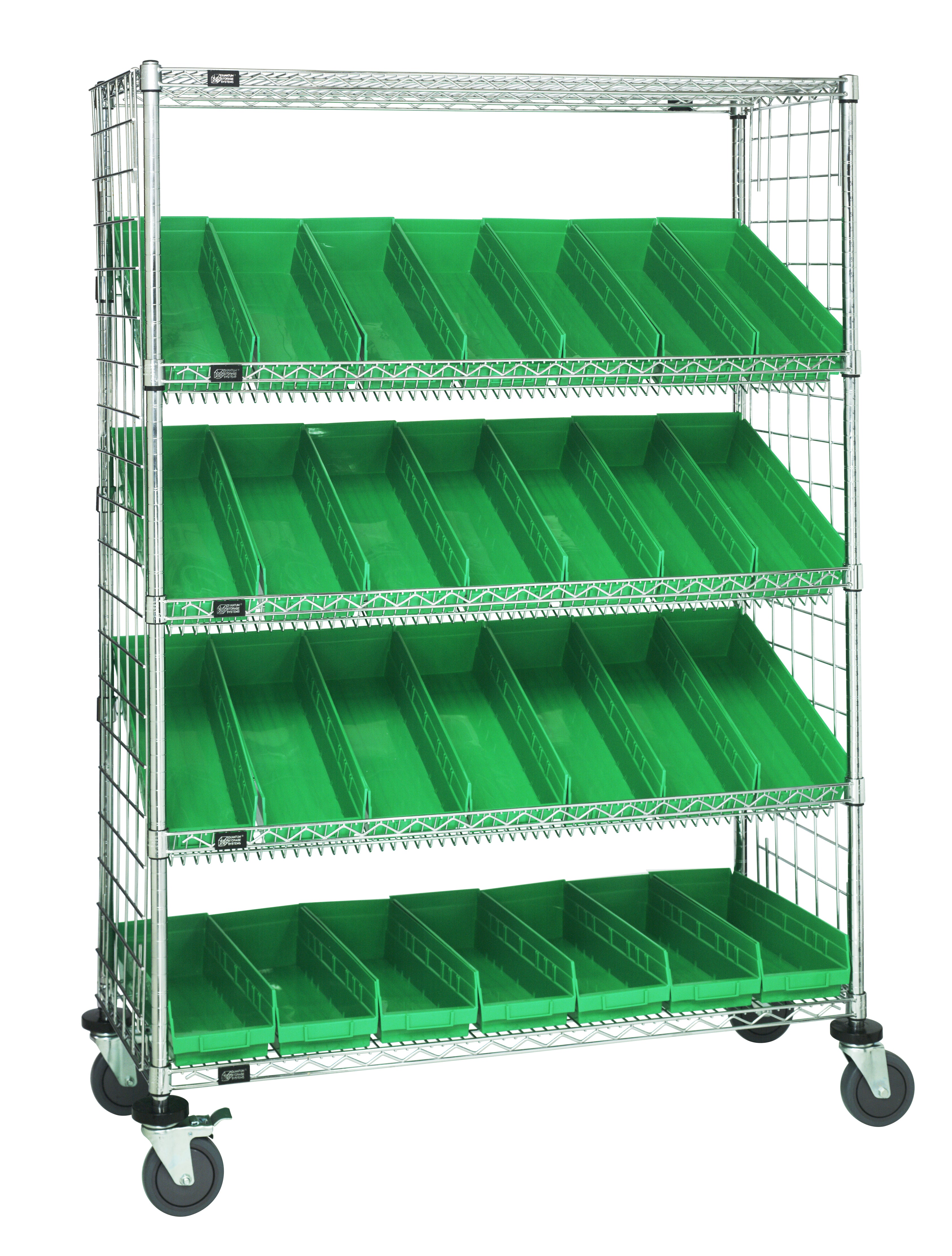 Slanted Shelf Enclosure Cart, 48"W x 18"D x 69"H, 1200 lbs load capacity, includes: (2) flat and (3) slanted shelves, (30) QSB104 green bins and side enclosure panels, chrome plated finish, shipped KD