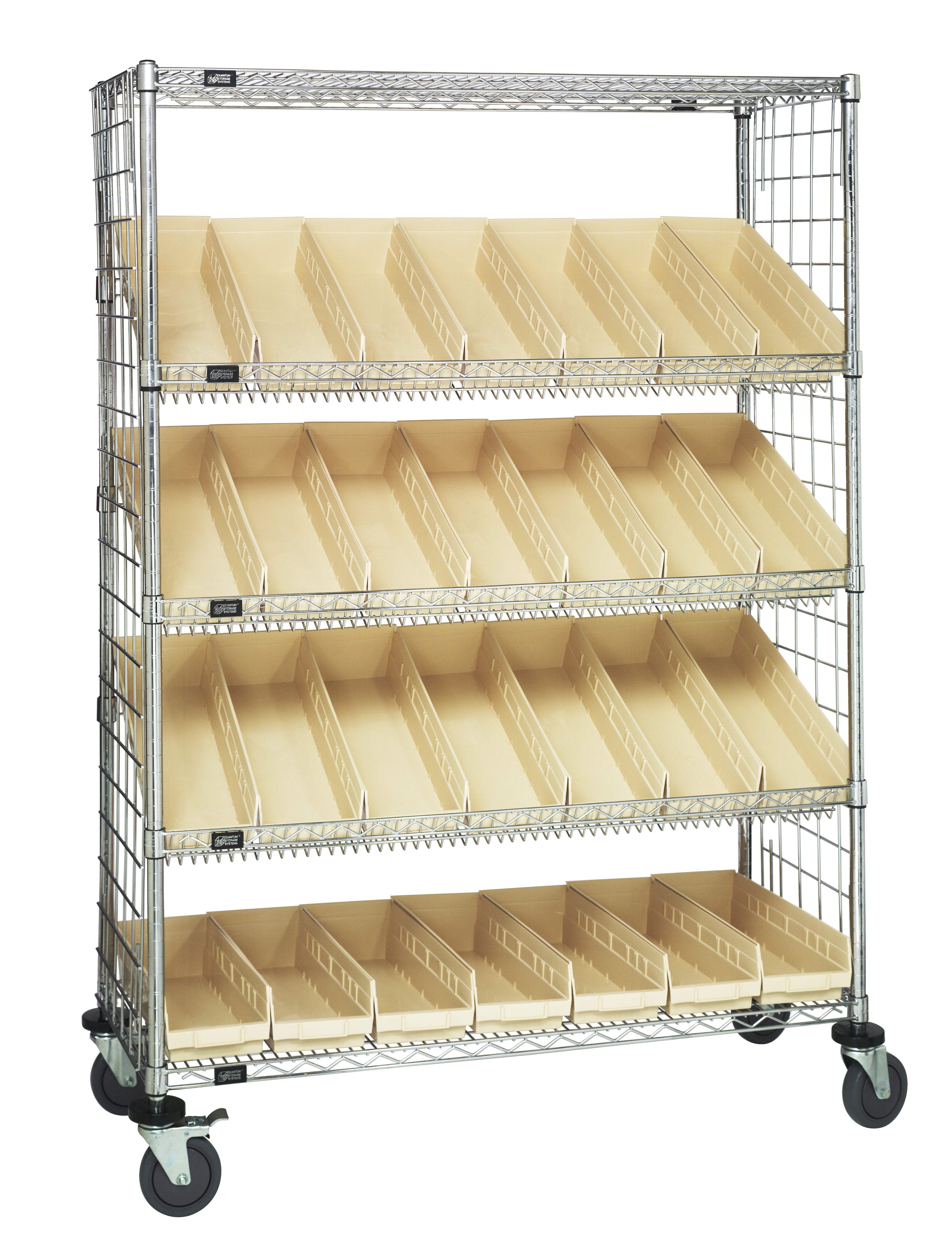 Slanted Shelf Enclosure Cart, 48"W x 18"D x 69"H, 1200 lbs load capacity, includes: (2) flat and (3) slanted shelves, (30) QSB104 ivory bins and side enclosure panels, chrome plated finish, shipped KD