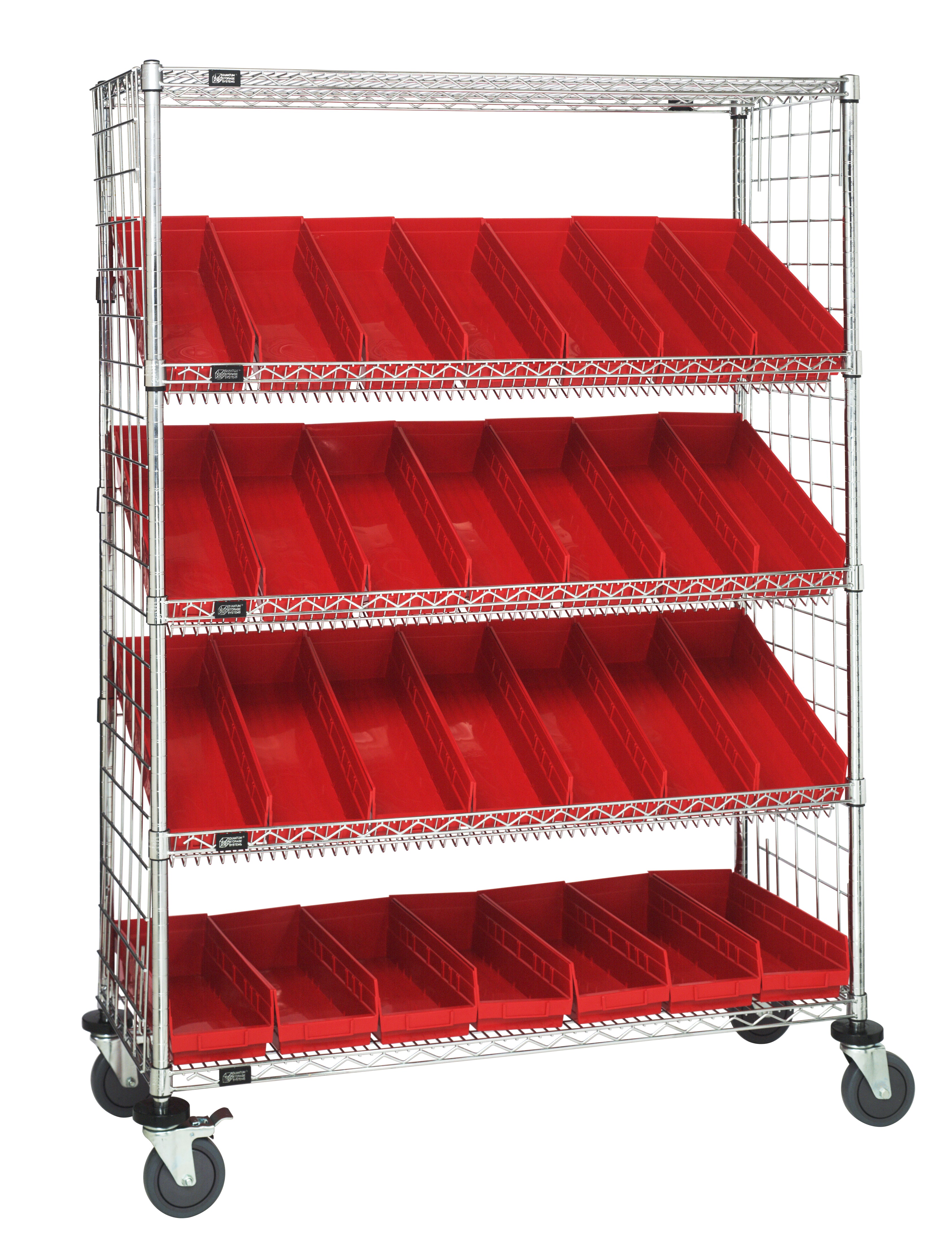 Slanted Shelf Enclosure Cart, 48"W x 18"D x 69"H, 1200 lbs load capacity, includes: (2) flat and (3) slanted shelves, (30) QSB104 red bins and side enclosure panels, chrome plated finish, shipped KD