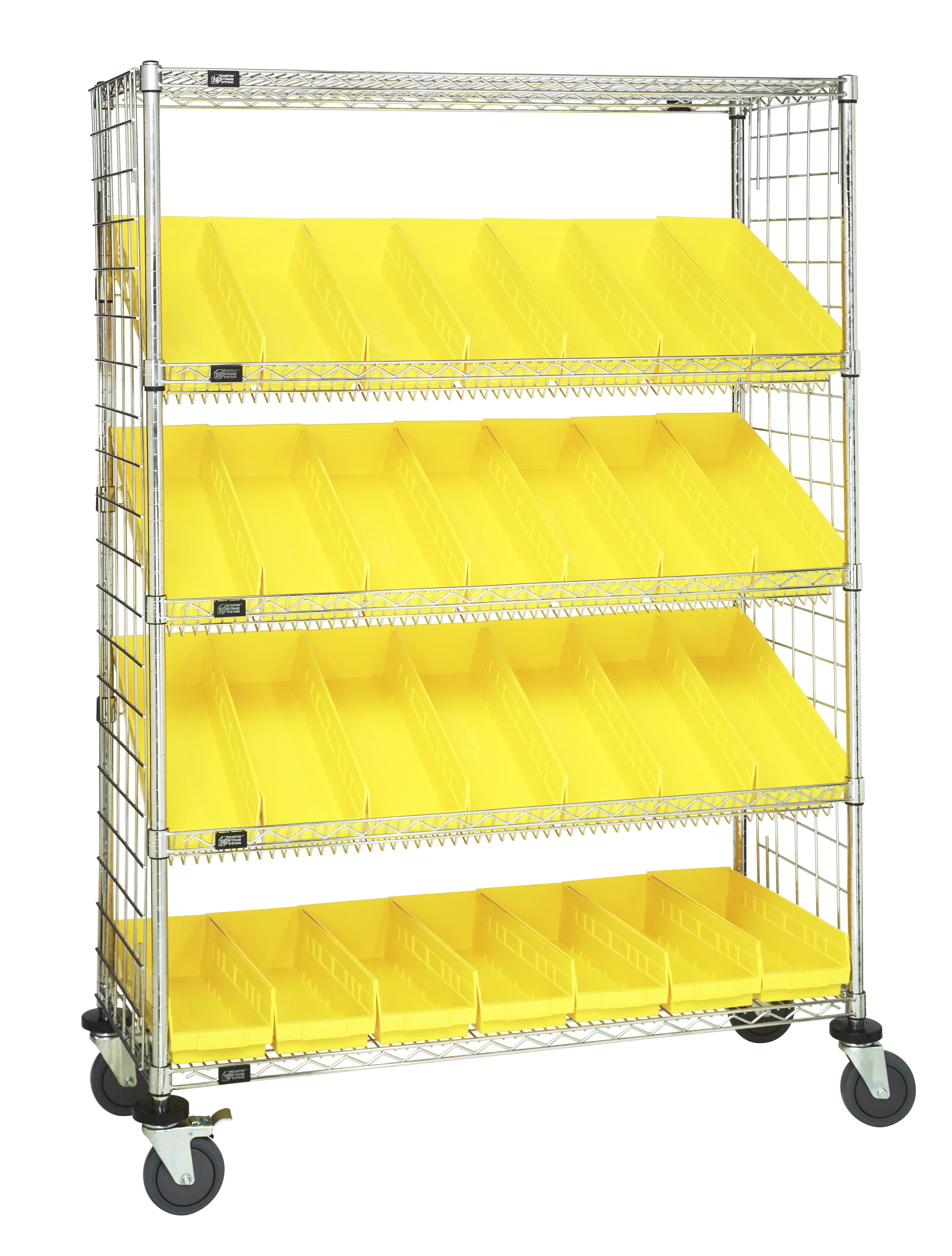 Slanted Shelf Enclosure Cart, 48"W x 18"D x 69"H, 1200 lbs load capacity, includes: (2) flat and (3) slanted shelves, (30) QSB104 yellow bins and side enclosure panels, chrome plated finish, shipped KD