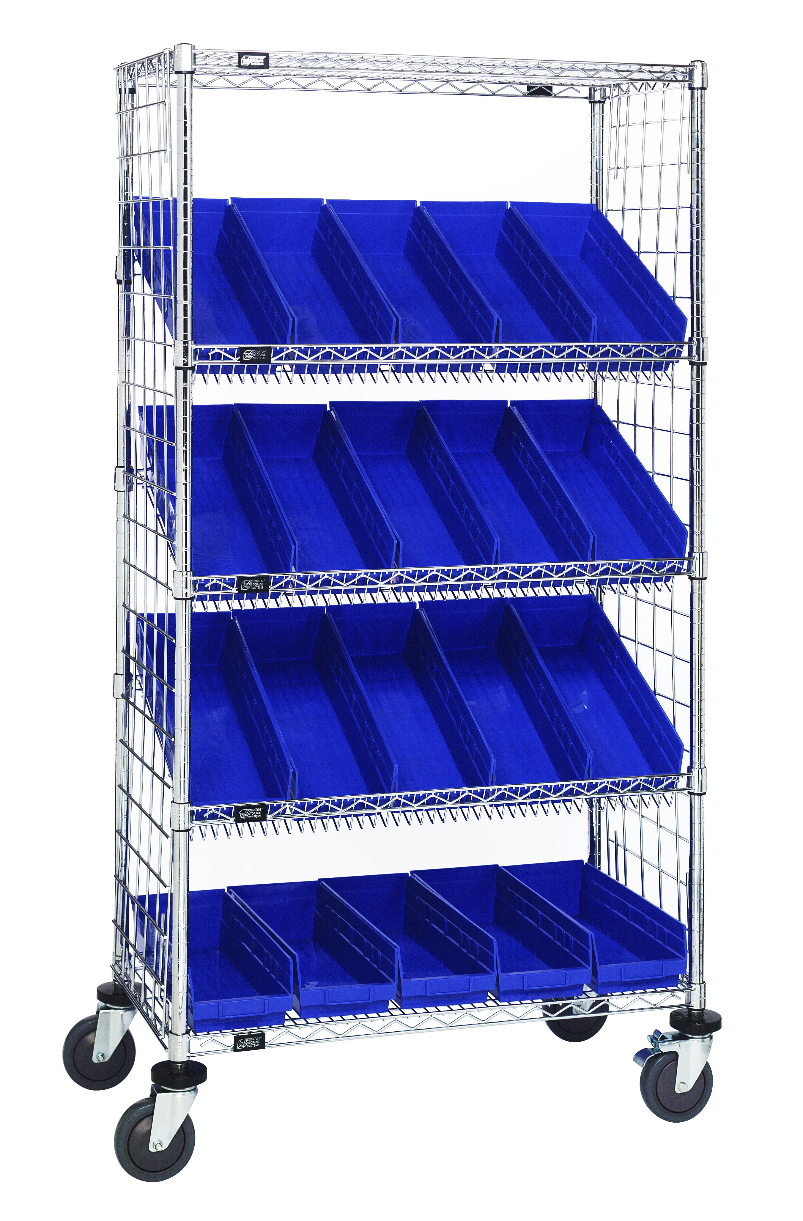 Slanted Shelf Enclosure Cart, 36"W x 24"D x 69"H, 1200 lbs load capacity, includes: (2) flat and (3) slanted shelves, (22) QSB106 blue bins and side enclosure panels, chrome plated finish, shipped KD