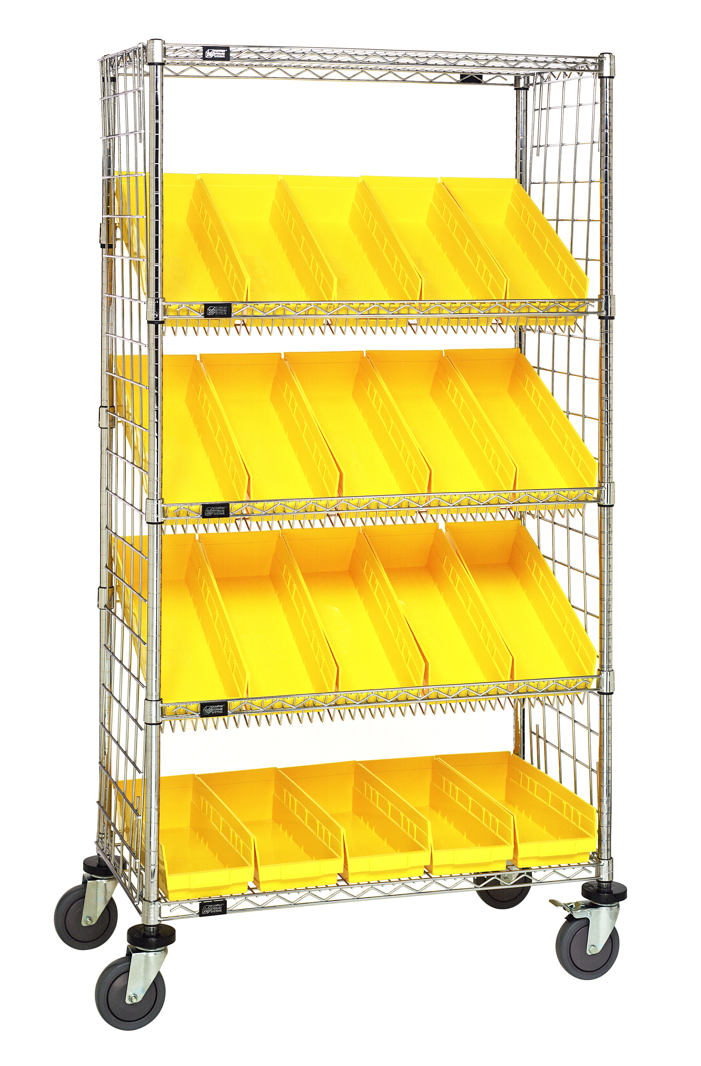 Slanted Shelf Enclosure Cart, 36"W x 24"D x 69"H, 1200 lbs load capacity, includes: (2) flat and (3) slanted shelves, (22) QSB106 yellow bins and side enclosure panels, chrome plated finish, shipped KD