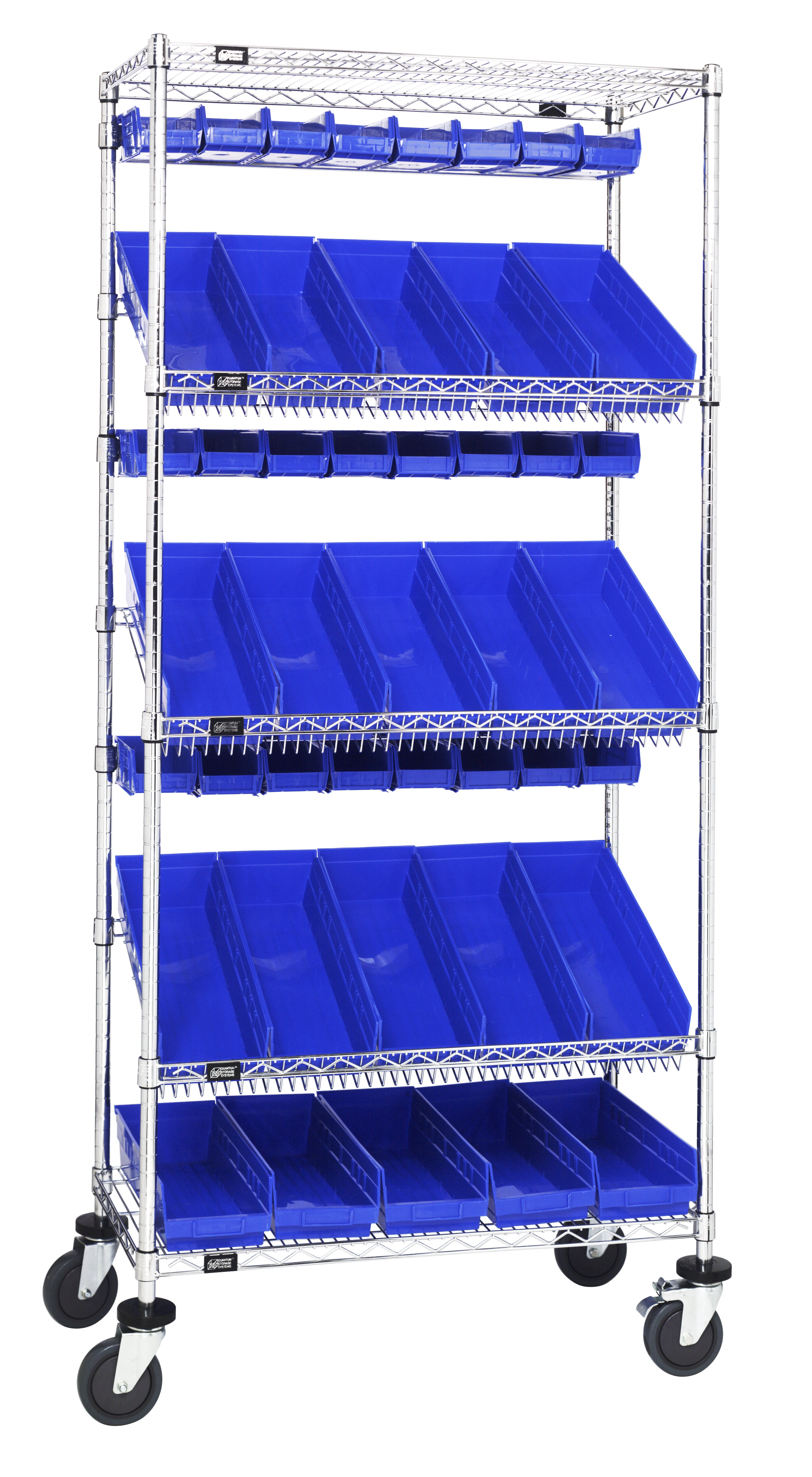 Slanted Shelf Cart, 36"W x 18"D x 80"H, 1200 lbs. load capacity, includes: (2) flat and (3) slanted shelves, (20) QSB104 and (24) QUS220 blue bins, and casters with donut bumpers, chrome plated finish