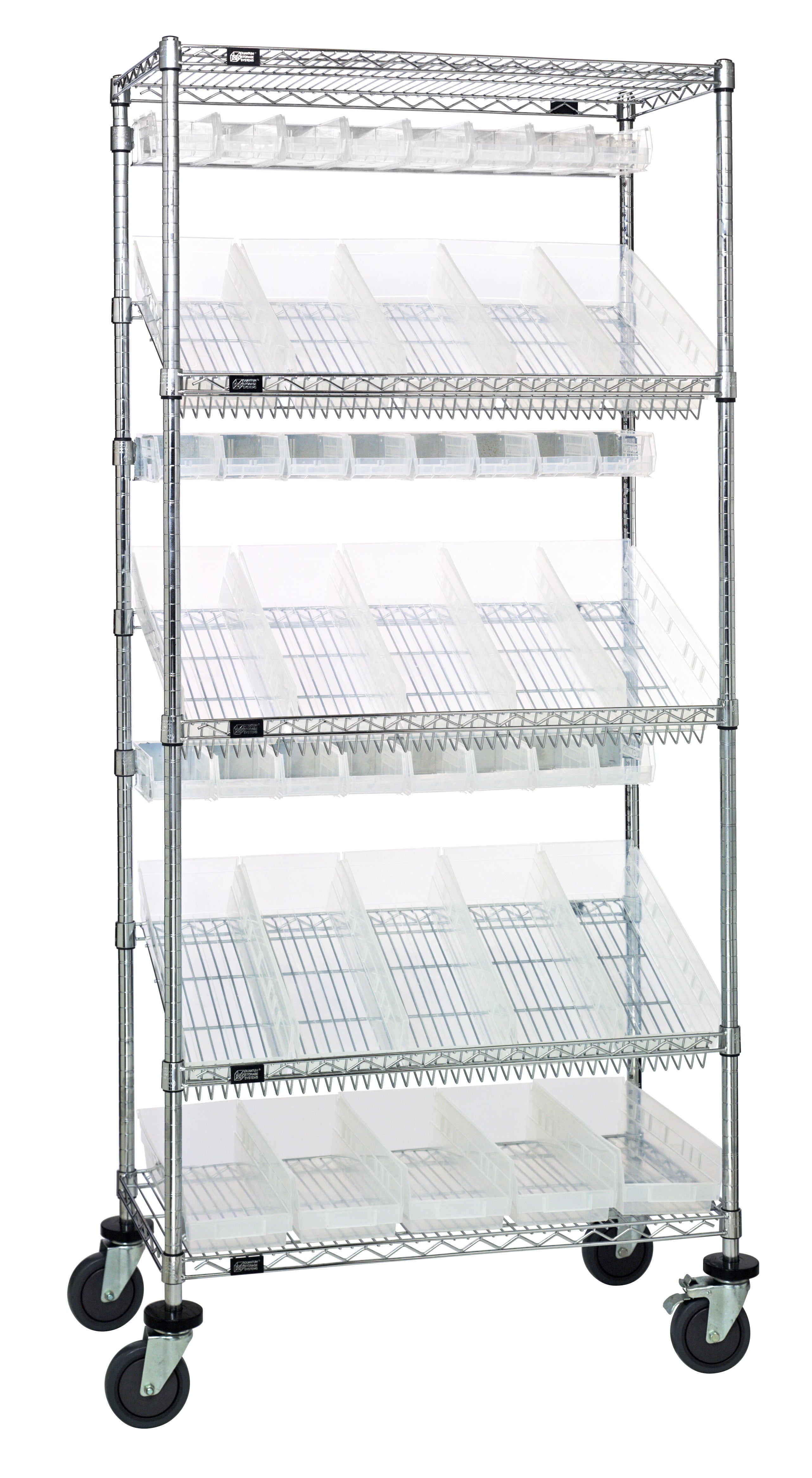 Slanted Shelf Cart, 36"W x 18"D x 80"H, 1200 lbs. load capacity, includes: (2) flat and (3) slanted shelves, (20) QSB104 and (24) QUS220 clear bins, and casters with donut bumpers, chrome plated finish