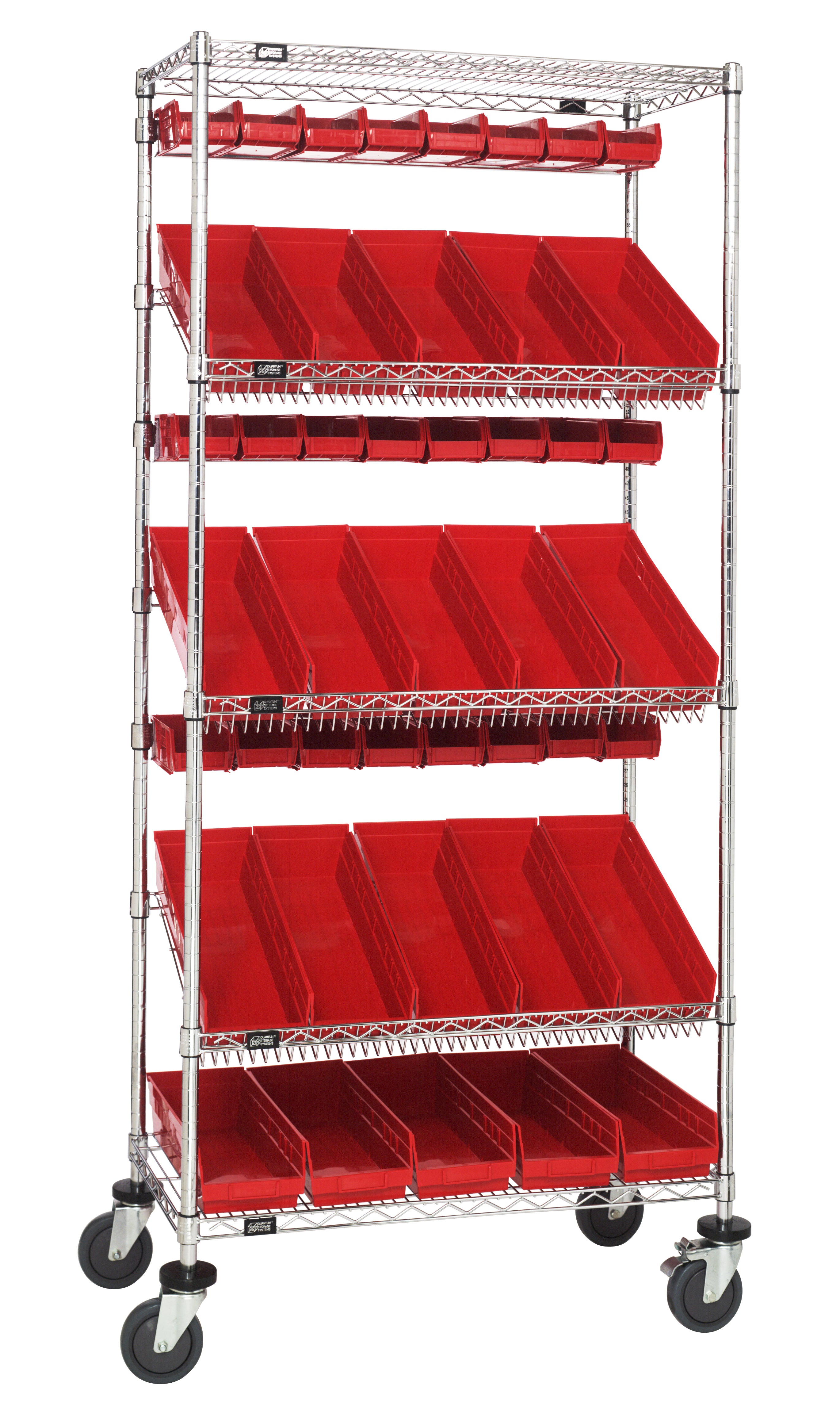 Slanted Shelf Cart, 36"W x 18"D x 80"H, 1200 lbs. load capacity, includes: (2) flat and (3) slanted shelves, (20) QSB104 and (24) QUS220 red bins, and casters with donut bumpers, chrome plated finish