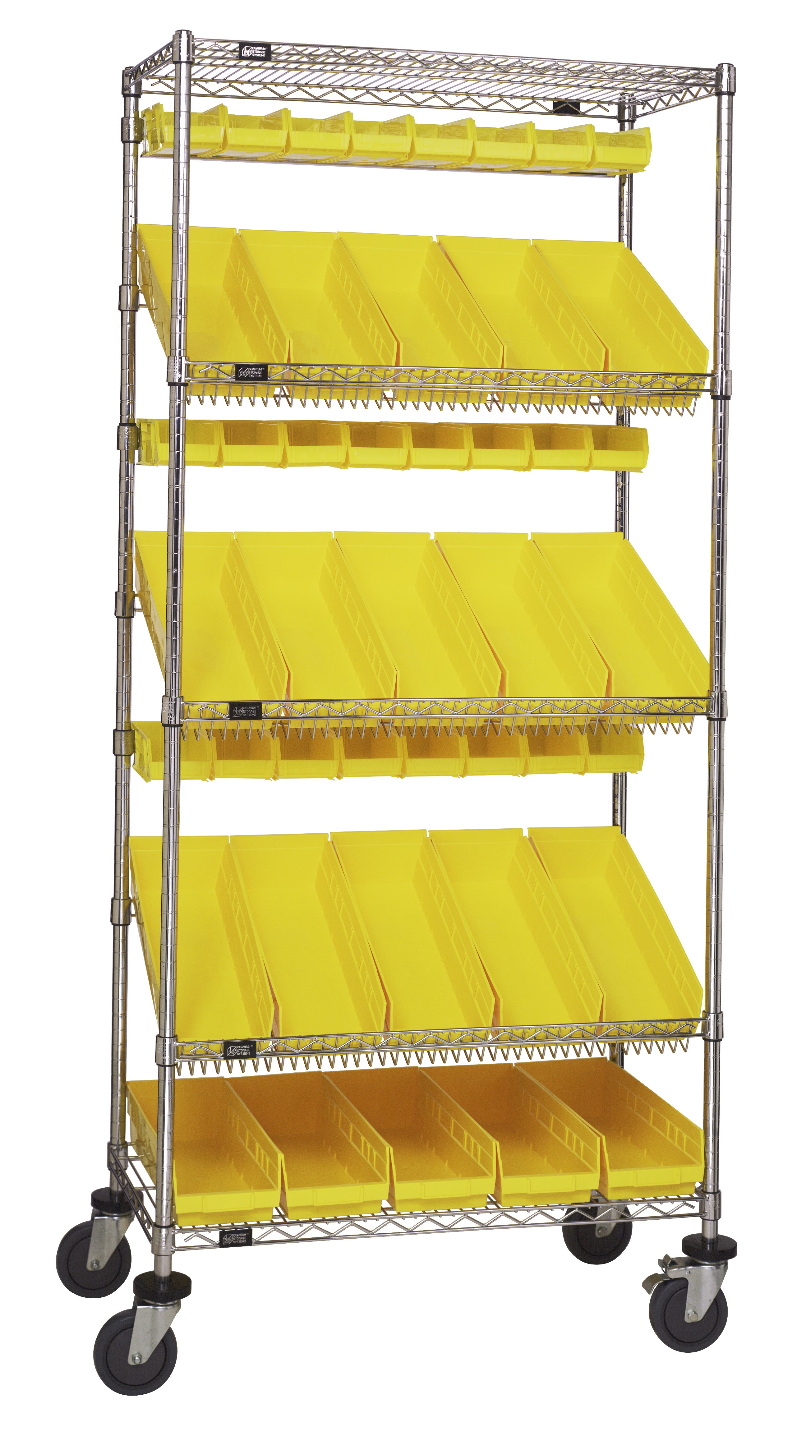 Slanted Shelf Cart, 36"W x 18"D x 80"H, 1200 lbs. load capacity, includes: (2) flat and (3) slanted shelves, (20) QSB104 and (24) QUS220 yellow bins, and casters with donut bumpers, chrome plated finish
