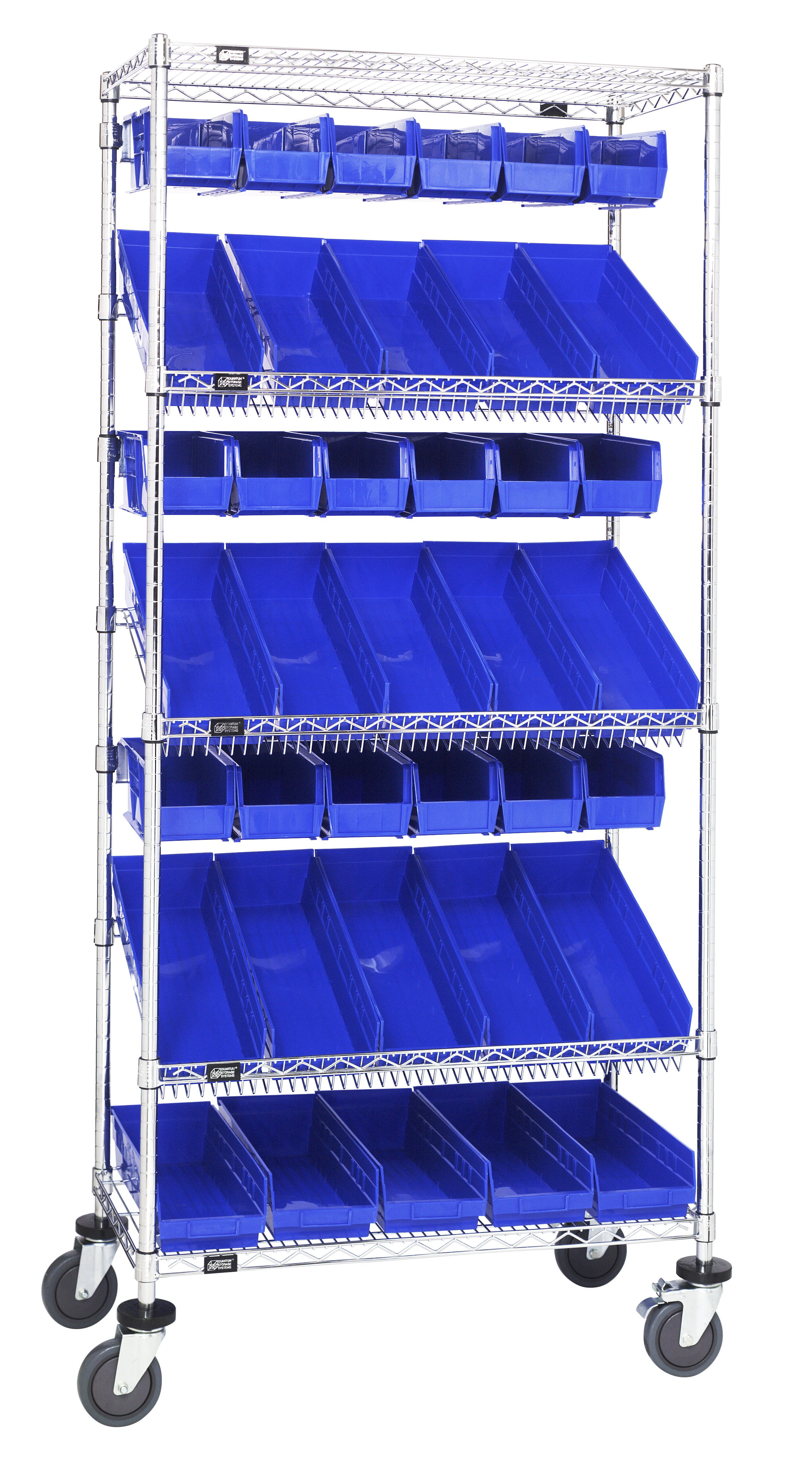 Slanted Shelf Cart, 36"W x 18"D x 80"H, 1200 lbs. load capacity, includes: (2) flat and (3) slanted shelves, (20) QSB104 and (20) QUS230 blue bins, and casters with donut bumpers, chrome plated finish
