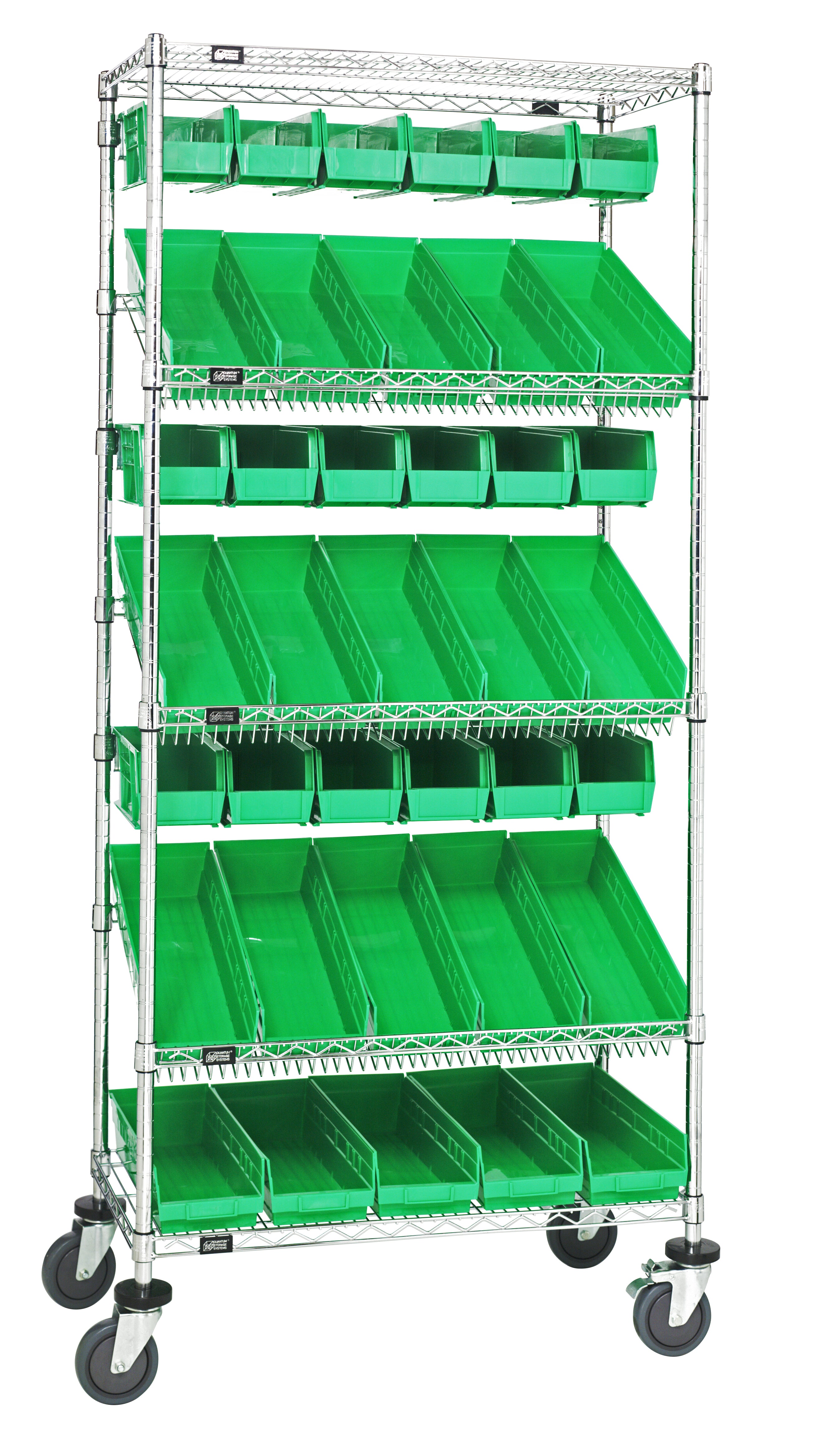 Slanted Shelf Cart, 36"W x 18"D x 80"H, 1200 lbs. load capacity, includes: (2) flat and (3) slanted shelves, (20) QSB104 and (20) QUS230 green bins, and casters with donut bumpers, chrome plated finish