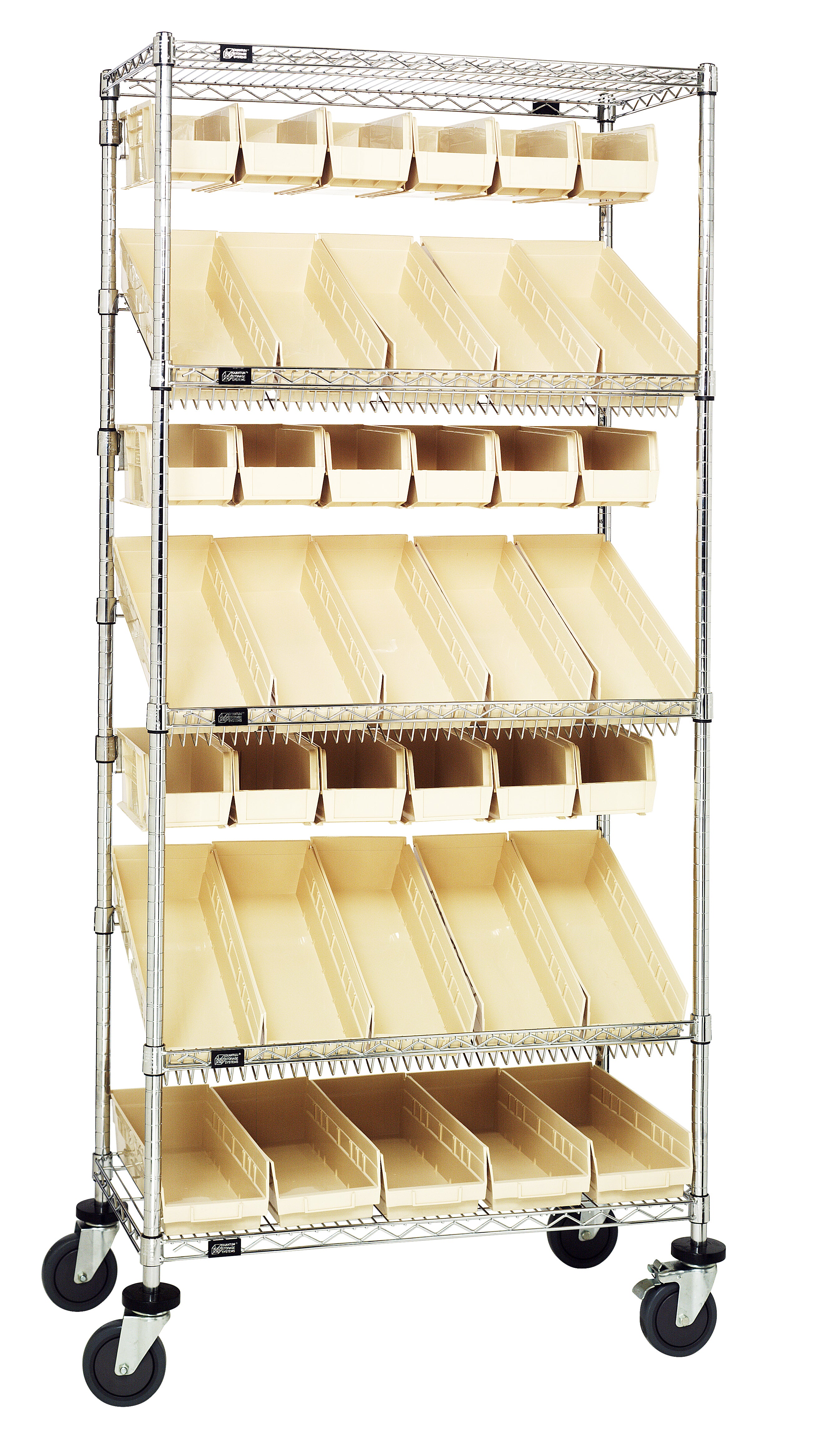 Slanted Shelf Cart, 36"W x 18"D x 80"H, 1200 lbs. load capacity, includes: (2) flat and (3) slanted shelves, (20) QSB104 and (20) QUS230 ivory bins, and casters with donut bumpers, chrome plated finish