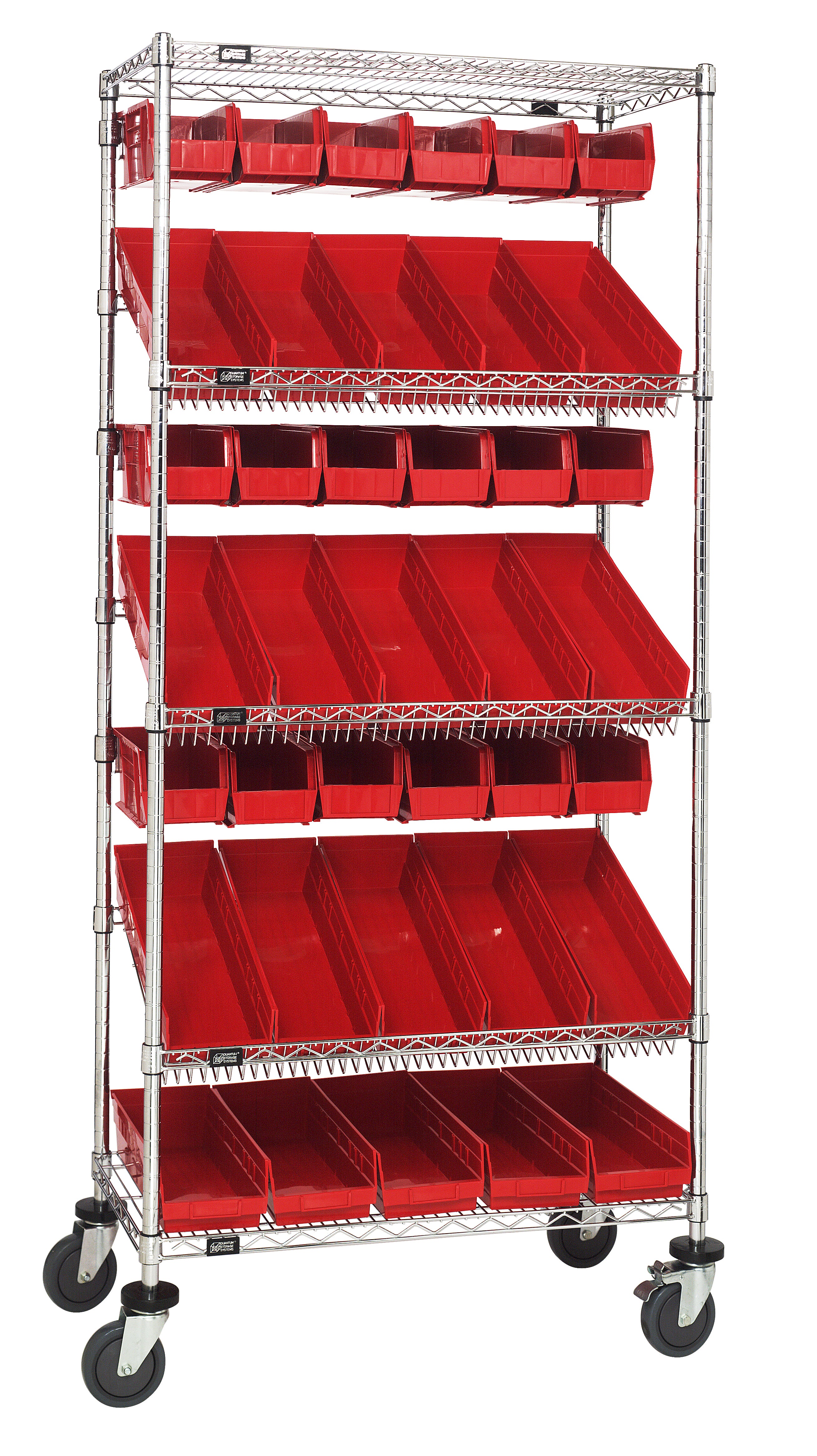 Slanted Shelf Cart, 36"W x 18"D x 80"H, 1200 lbs. load capacity, includes: (2) flat and (3) slanted shelves, (20) QSB104 and (20) QUS230 red bins, and casters with donut bumpers, chrome plated finish