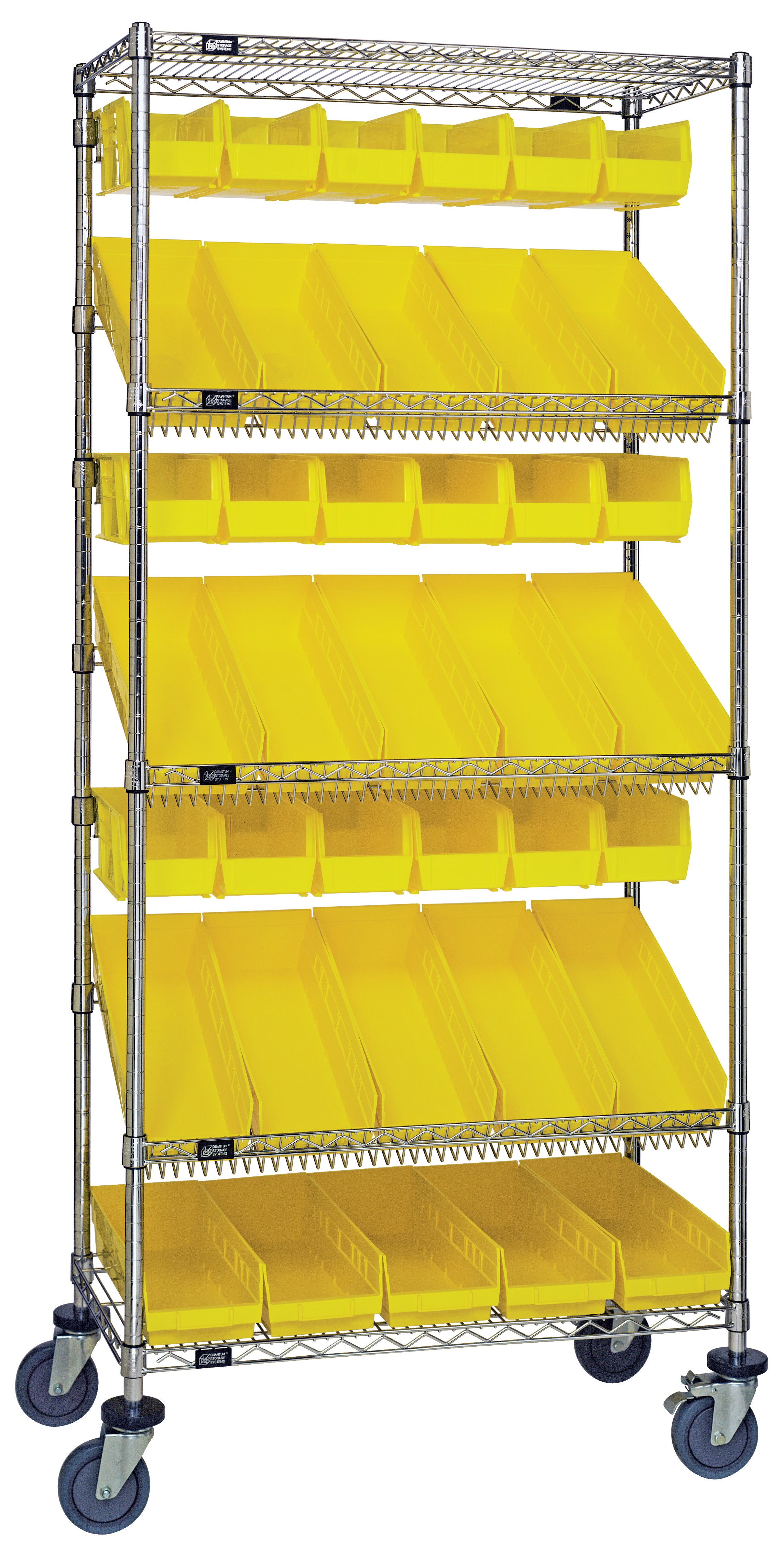 Slanted Shelf Cart, 36"W x 18"D x 80"H, 1200 lbs. load capacity, includes: (2) flat and (3) slanted shelves, (20) QSB104 and (20) QUS230 yellow bins, and casters with donut bumpers, chrome plated finish