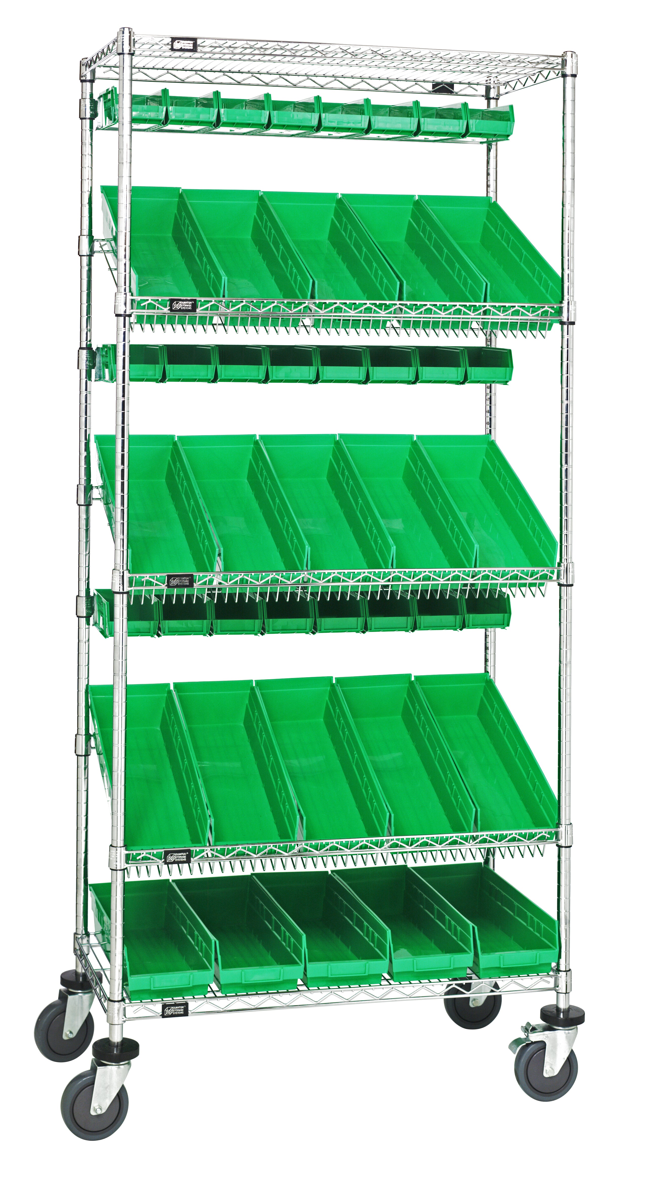 Slanted Shelf Cart, 48"W x 18"D x 80"H, 1200 lbs. load capacity, includes: (2) flat and (3) slanted shelves, (30) QSB104 and (40) QUS220 green bins, and casters with donut bumpers, chrome plated finish