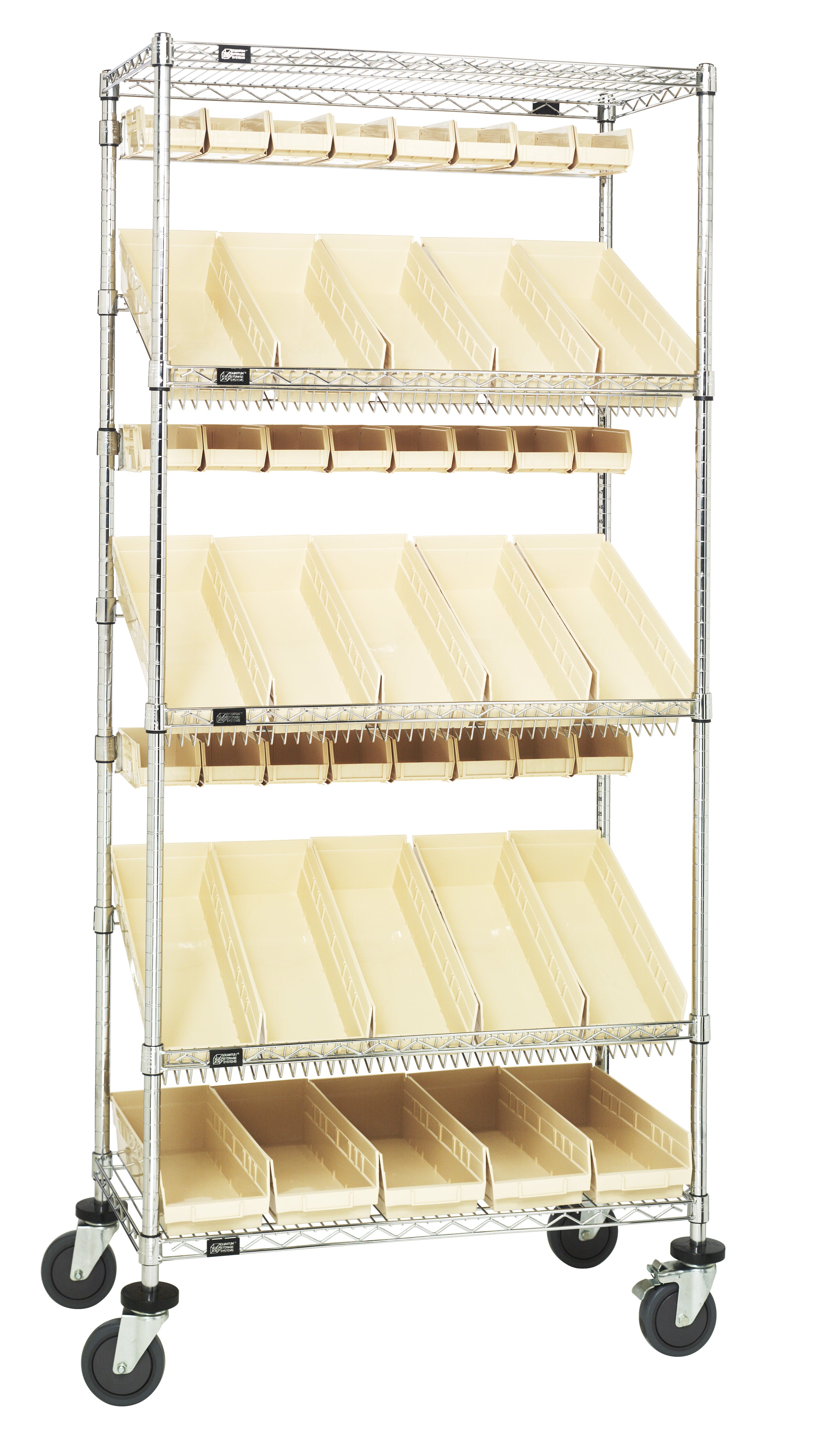 Slanted Shelf Cart, 48"W x 18"D x 80"H, 1200 lbs. load capacity, includes: (2) flat and (3) slanted shelves, (30) QSB104 and (40) QUS220 ivory bins, and casters with donut bumpers, chrome plated finish