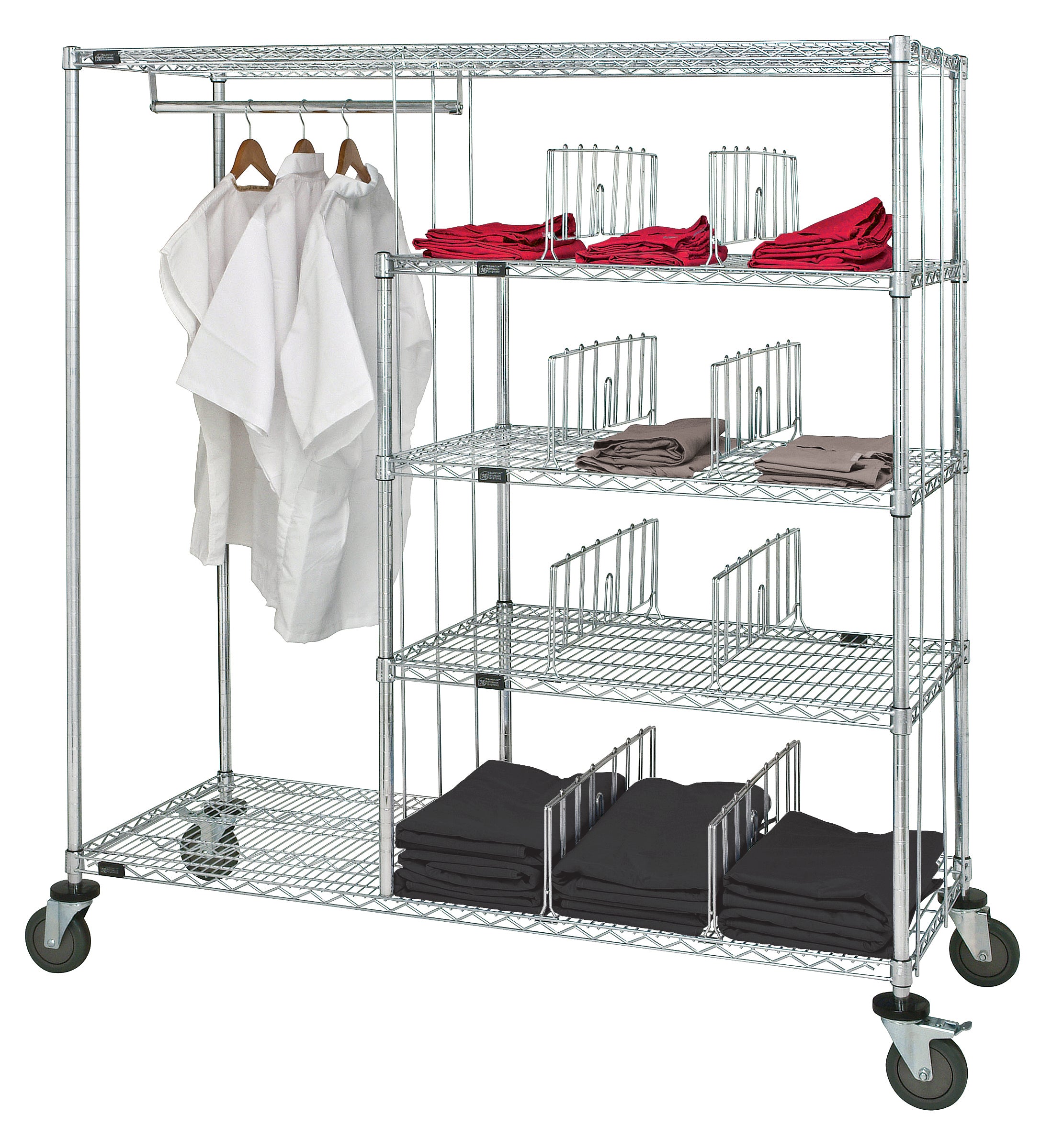 Patient Apparel Cart, 60"W x 24"D x 69"H, 1200 lbs. load capacity, includes: (3) 36"W x 24"D wire shelves, chrome plated finish, shipped KD