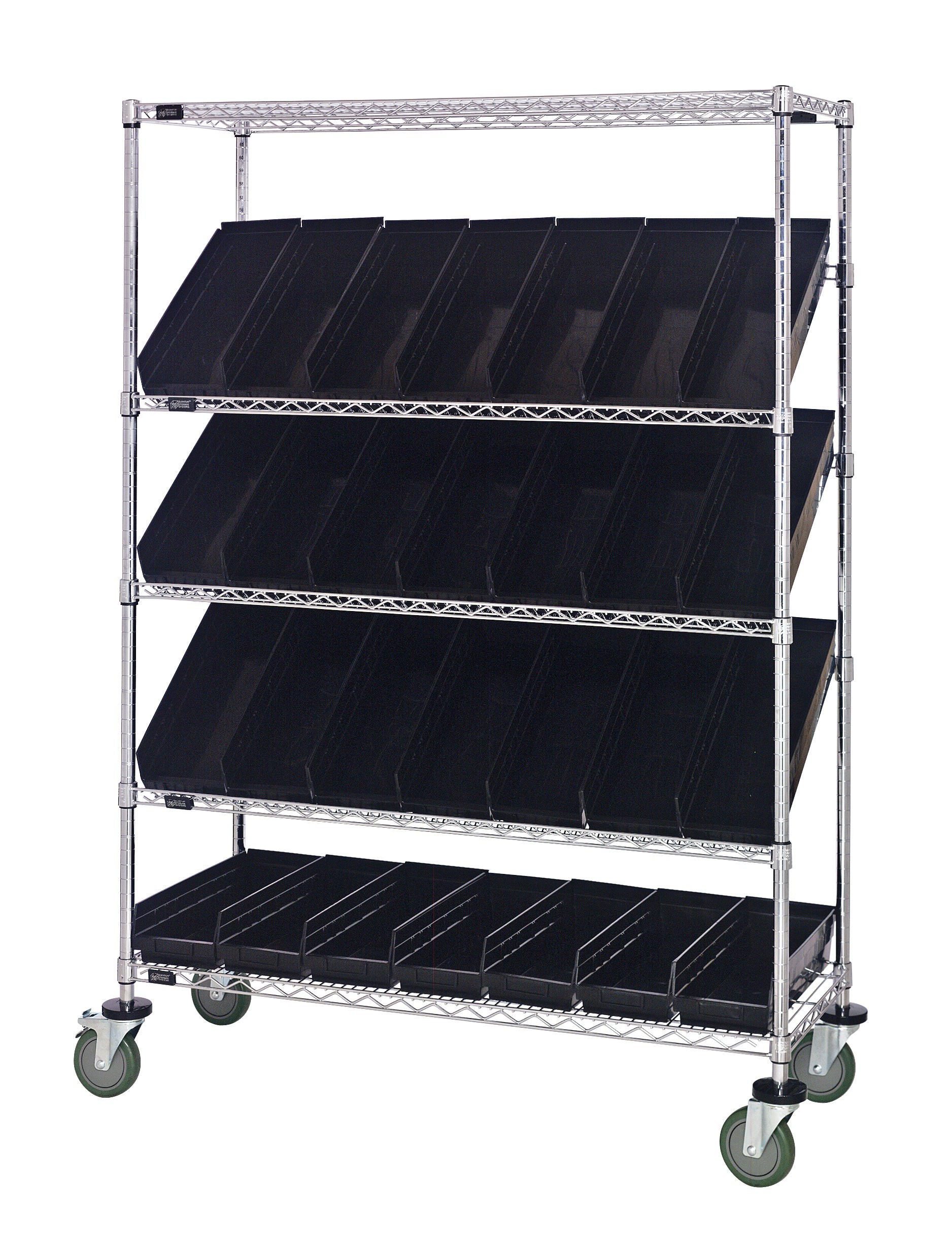 Slanted Shelf Cart, 36"W x 18"D x 69"H, 1200 lbs load capacity, includes: (2) flat and (3) slanted shelves, and (20) QSB105 black bins, chrome plated finish, shipped KD