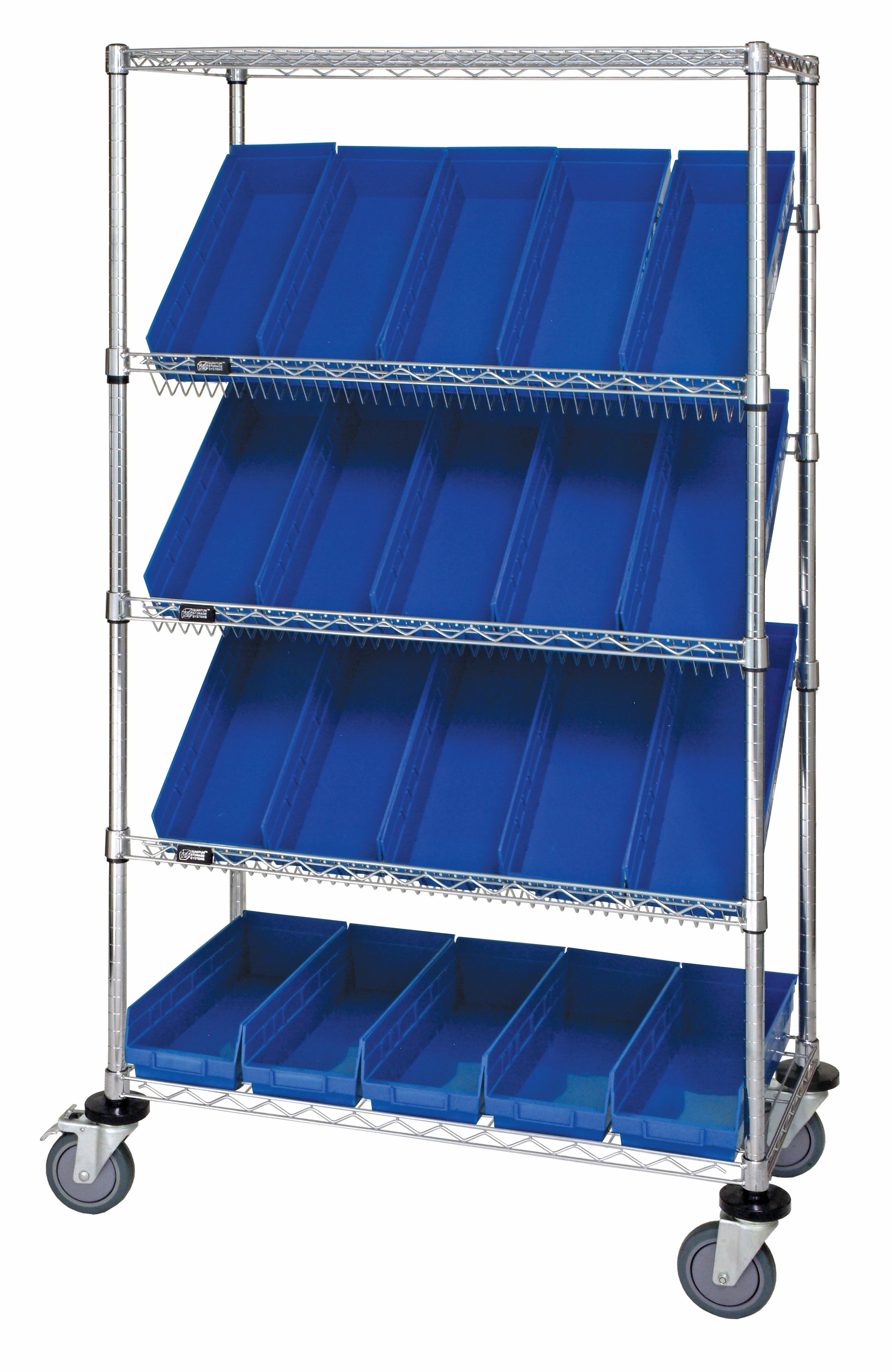 Slanted Shelf Cart, 36"W x 18"D x 69"H, 1200 lbs load capacity, includes: (2) flat and (3) slanted shelves, and (20) QSB105 blue bins, chrome plated finish, shipped KD