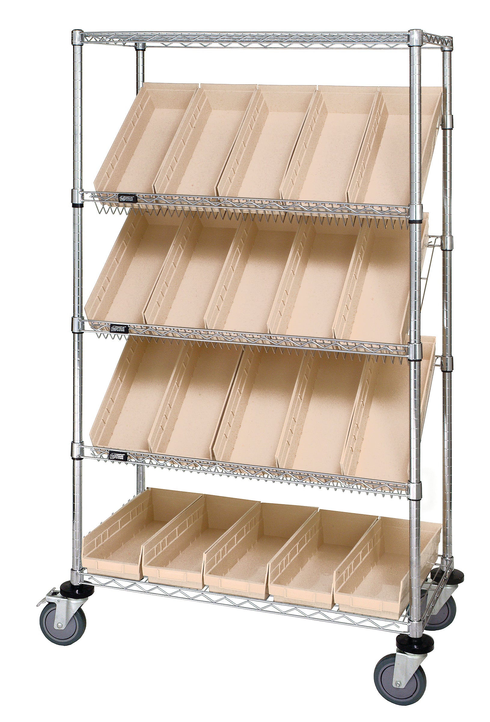 Slanted Shelf Cart, 36"W x 18"D x 69"H, 1200 lbs load capacity, includes: (2) flat and (3) slanted shelves, and (20) QSB105 ivory bins, chrome plated finish, shipped KD