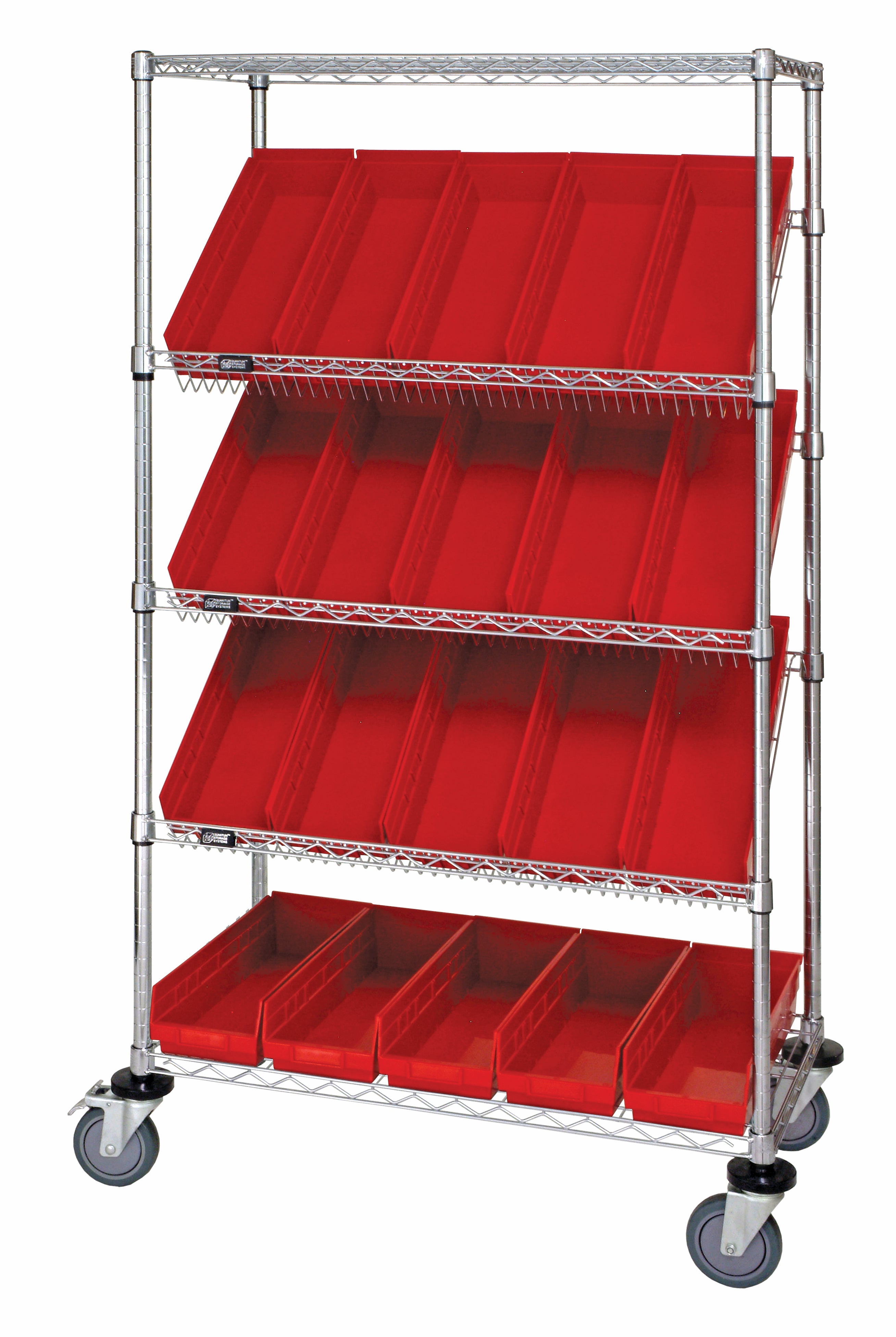 Slanted Shelf Cart, 36"W x 18"D x 69"H, 1200 lbs load capacity, includes: (2) flat and (3) slanted shelves, and (20) QSB105 red bins, chrome plated finish, shipped KD