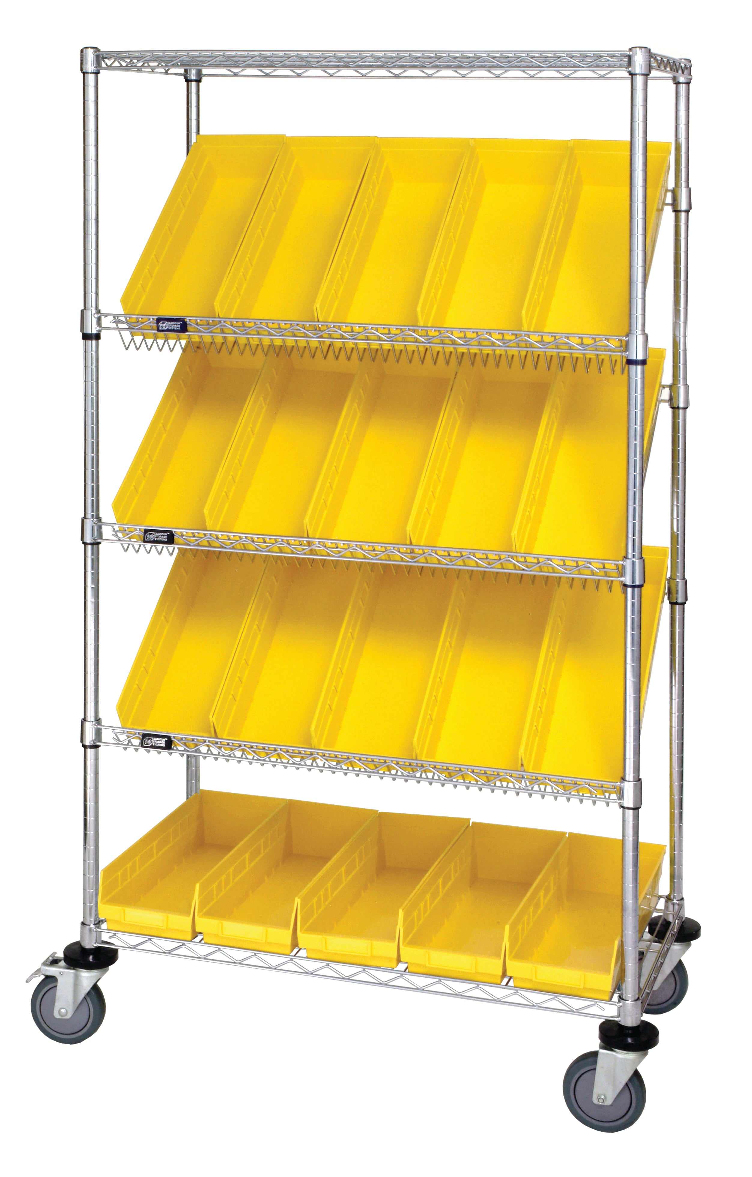 Slanted Shelf Cart, 36"W x 18"D x 69"H, 1200 lbs load capacity, includes: (2) flat and (3) slanted shelves, and (20) QSB105 yellow bins, chrome plated finish, shipped KD