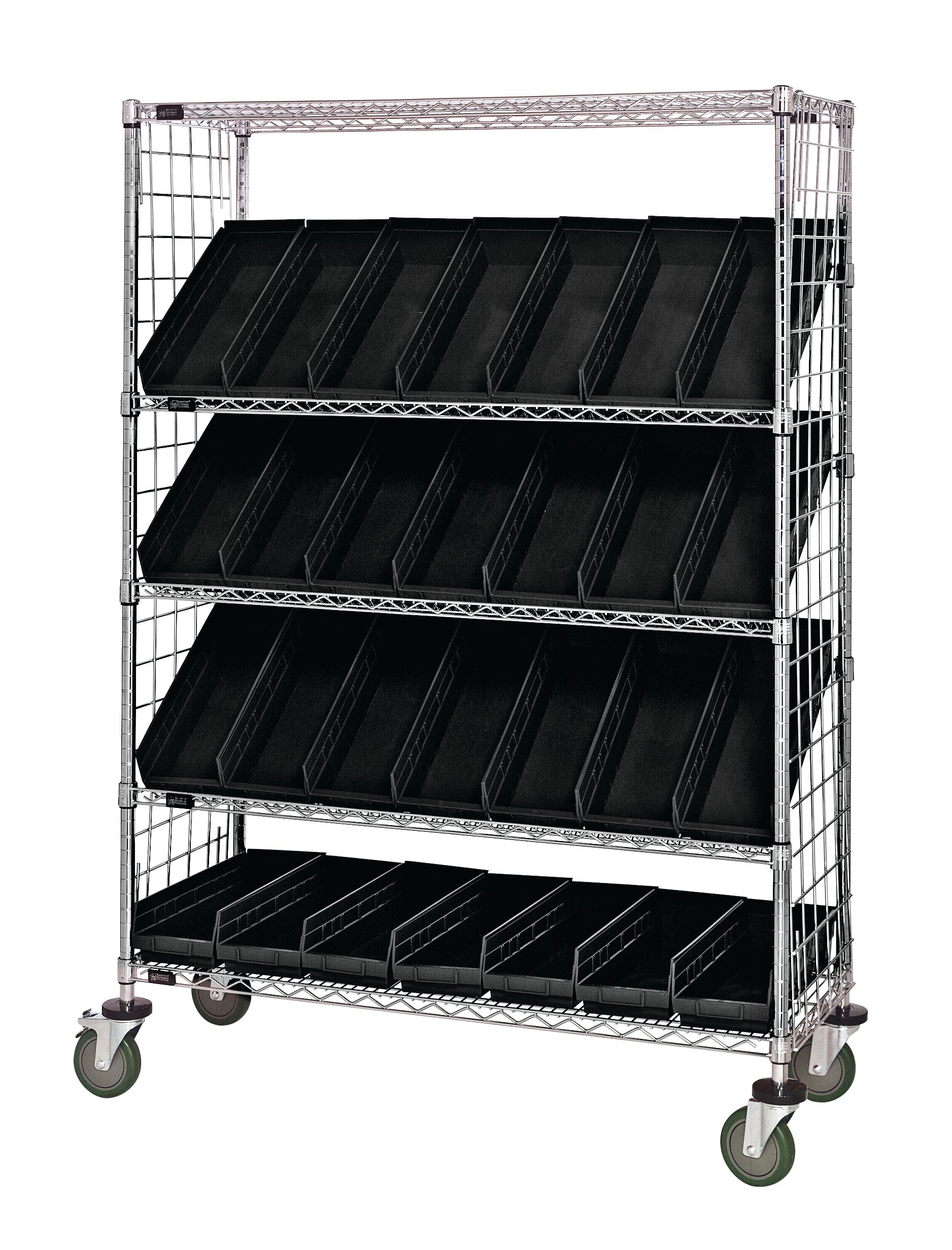 Slanted Shelf Enclosure Cart, 36"W x 18"D x 69"H, 1200 lbs load capacity, includes: (2) flat and (3) slanted shelves, (20) QSB104 black bins and side enclosure panels, chrome plated finish, shipped KD