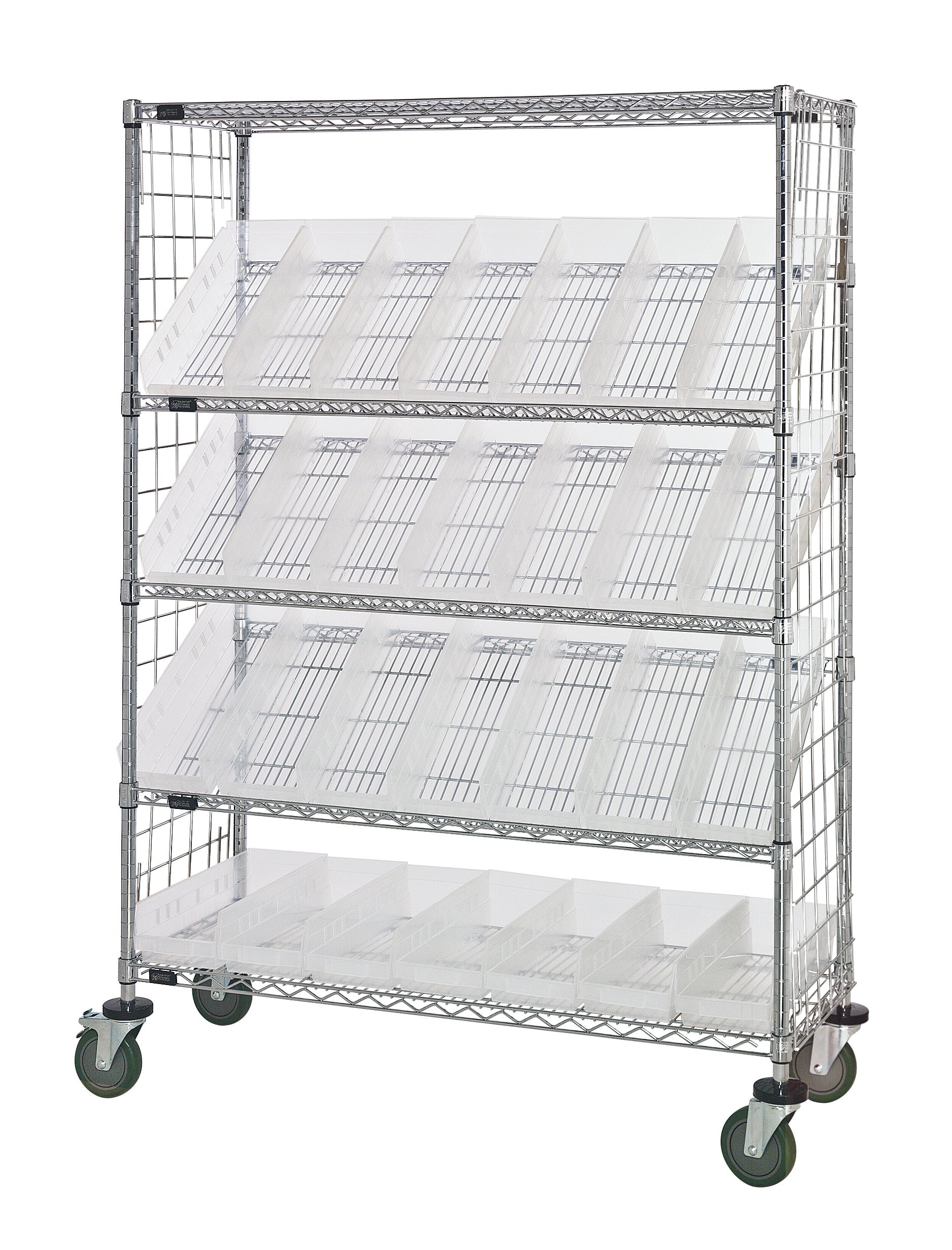 Slanted Shelf Enclosure Cart, 36"W x 18"D x 69"H, 1200 lbs load capacity, includes: (2) flat and (3) slanted shelves, (20) QSB104 clear bins and side enclosure panels, chrome plated finish, shipped KD