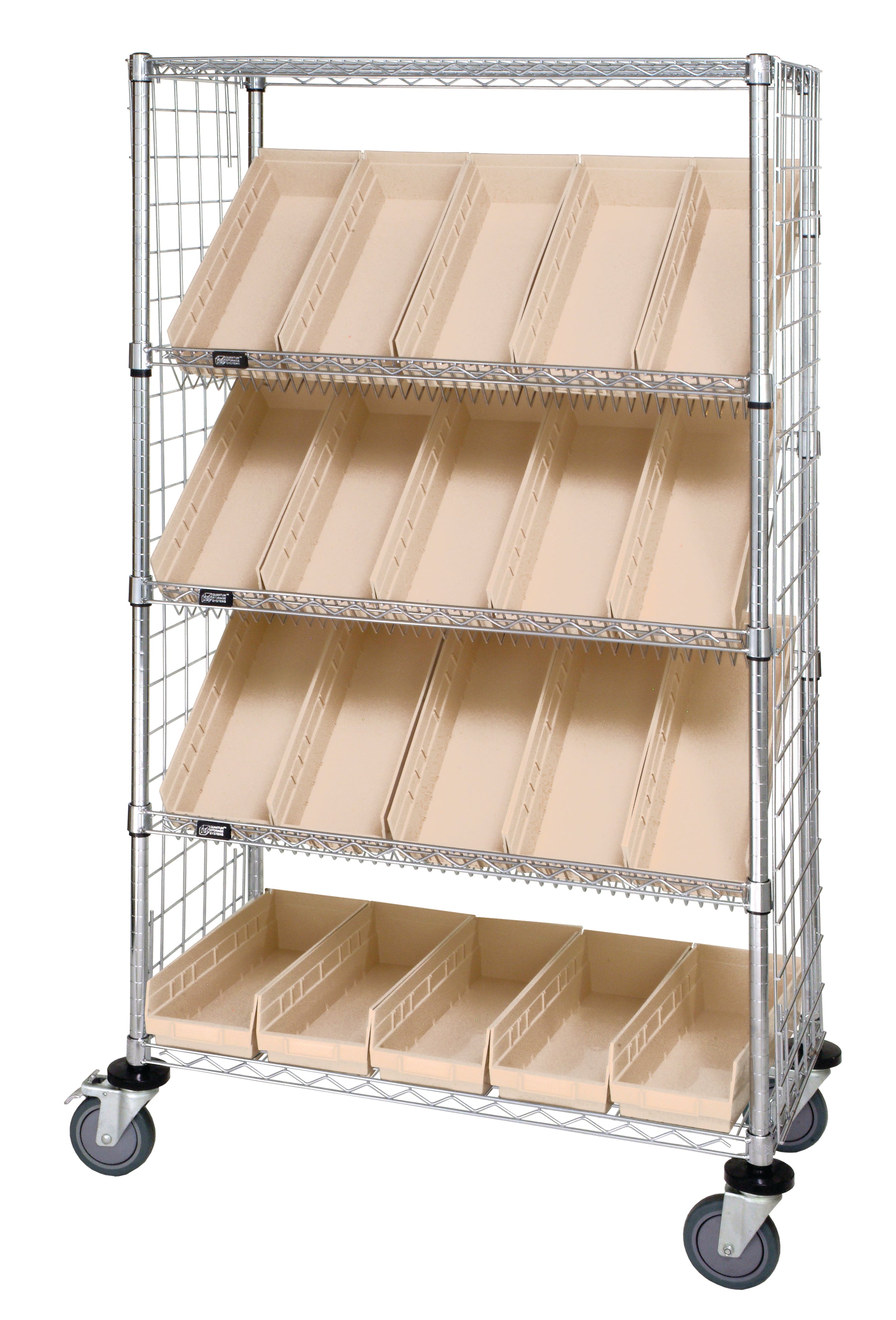 Slanted Shelf Enclosure Cart, 36"W x 18"D x 69"H, 1200 lbs load capacity, includes: (2) flat and (3) slanted shelves, (20) QSB104 ivory bins and side enclosure panels, chrome plated finish, shipped KD