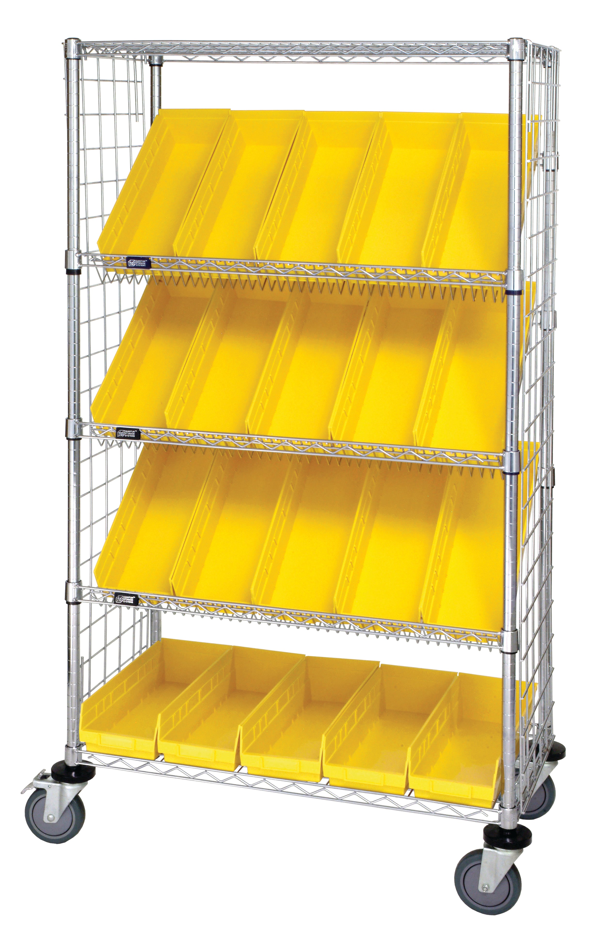 Slanted Shelf Enclosure Cart, 36"W x 18"D x 69"H, 1200 lbs load capacity, includes: (2) flat and (3) slanted shelves, (20) QSB104 yellow bins and side enclosure panels, chrome plated finish, shipped KD