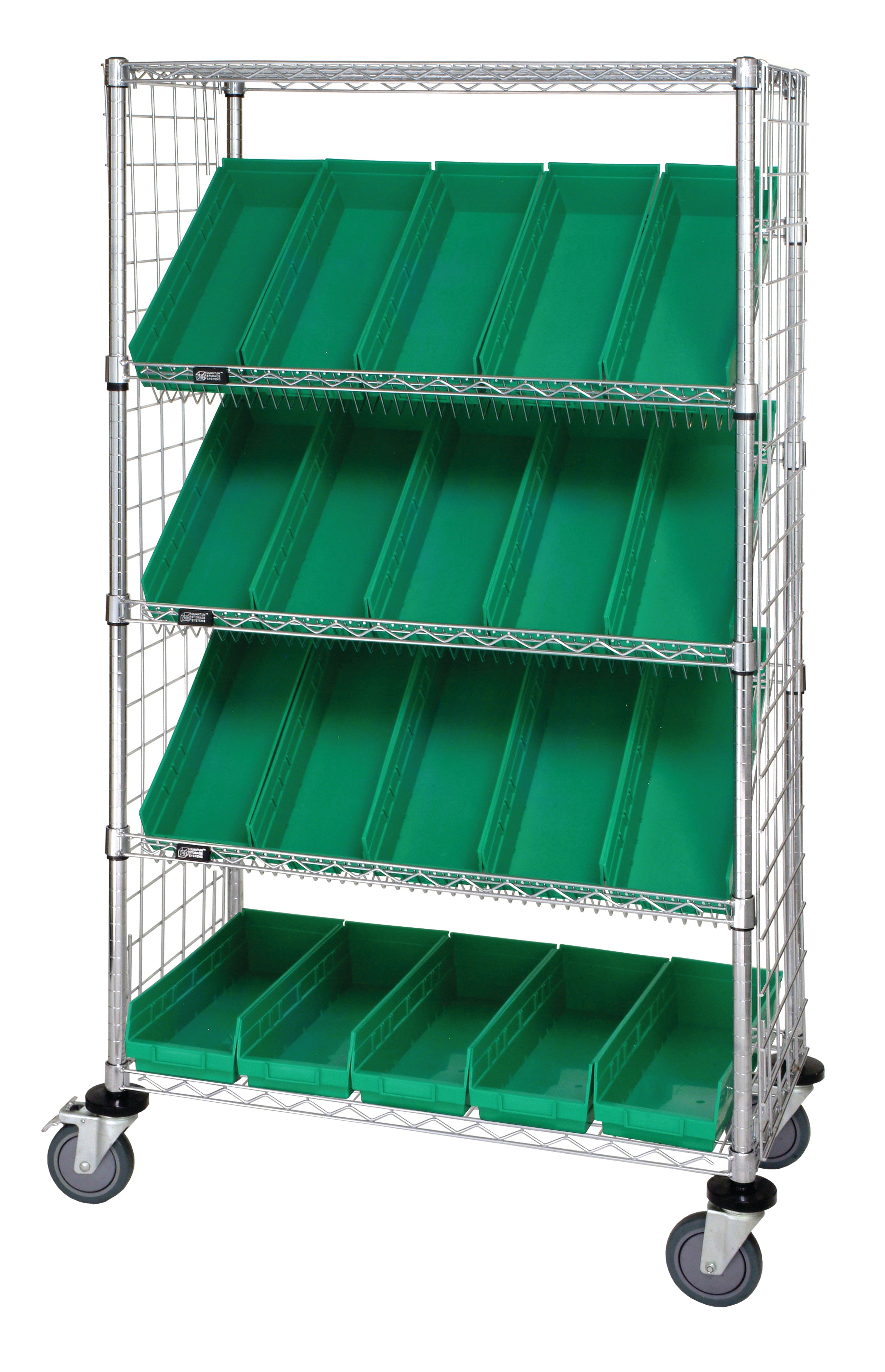 Slanted Shelf Enclosure Cart, 36"W x 18"D x 69"H, 1200 lbs load capacity, includes: (2) flat and (3) slanted shelves, (20) QSB105 green bins and side enclosure panels, chrome plated finish, shipped KD
