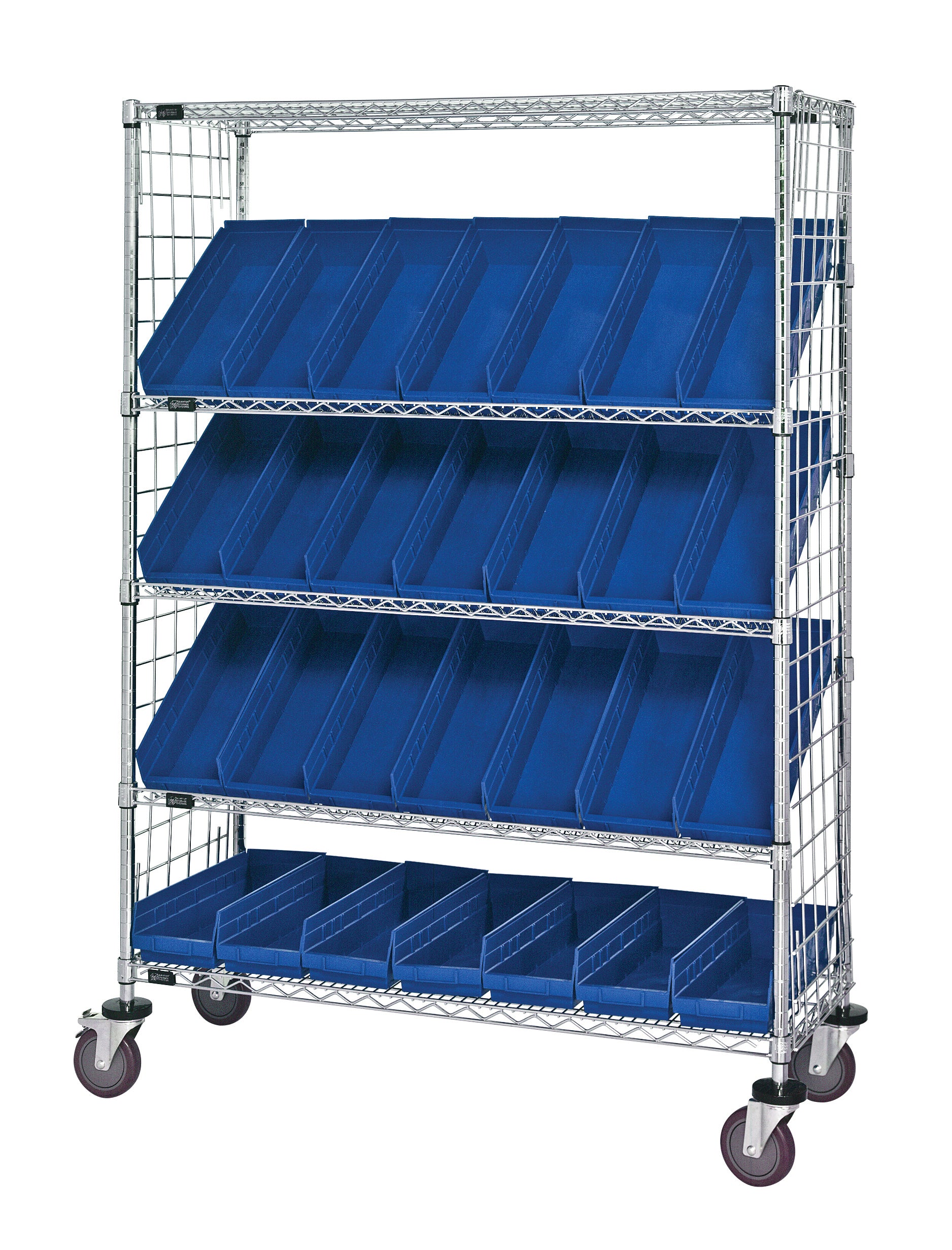 Slanted Shelf Enclosure Cart, 48"W x 18"D x 69"H, 1200 lbs load capacity, includes: (2) flat and (3) slanted shelves, (20) QSB104 blue bins and side enclosure panels, chrome plated finish, shipped KD