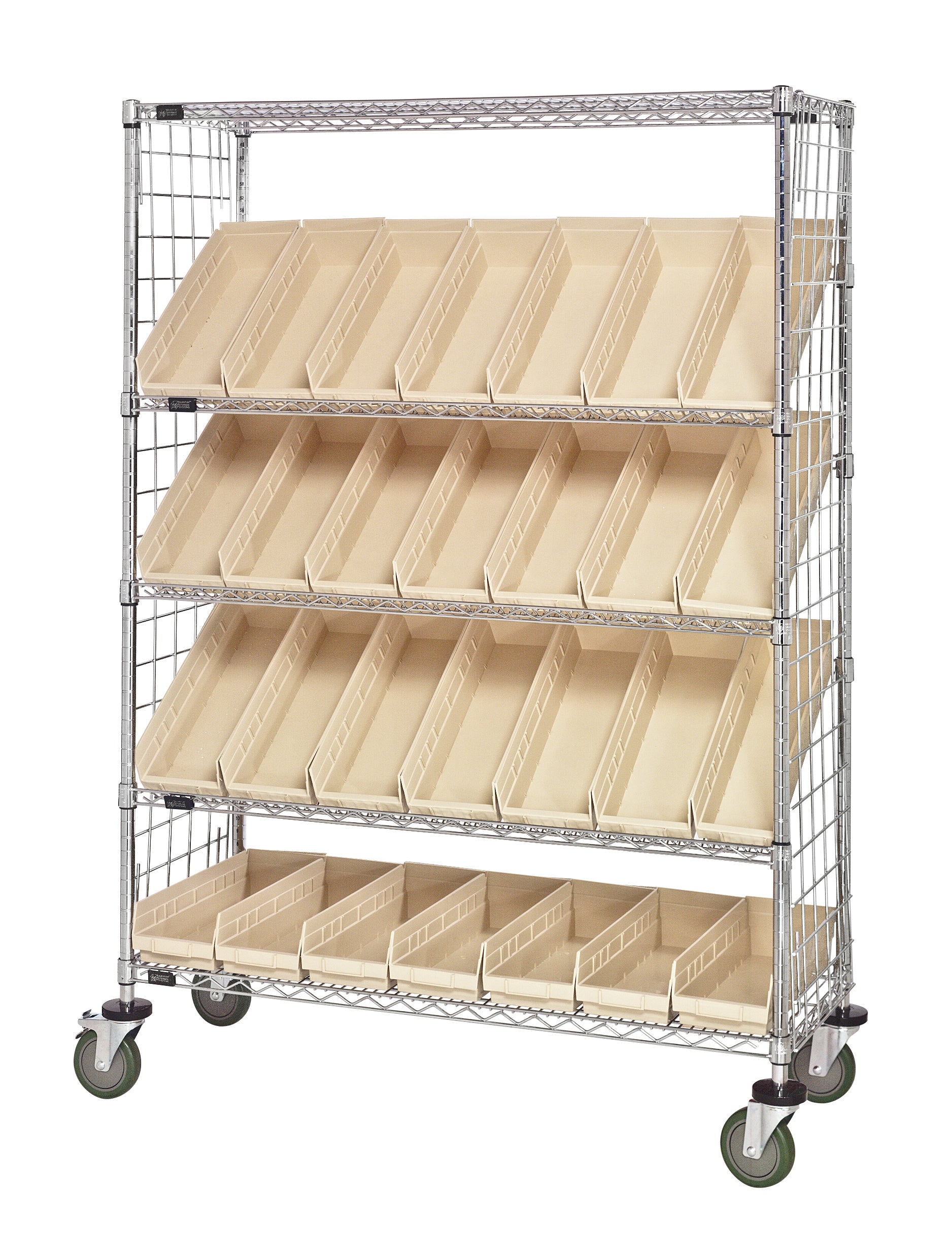 Slanted Shelf Enclosure Cart, 48"W x 18"D x 69"H, 1200 lbs load capacity, includes: (2) flat and (3) slanted shelves, (20) QSB104 ivory bins and side enclosure panels, chrome plated finish, shipped KD