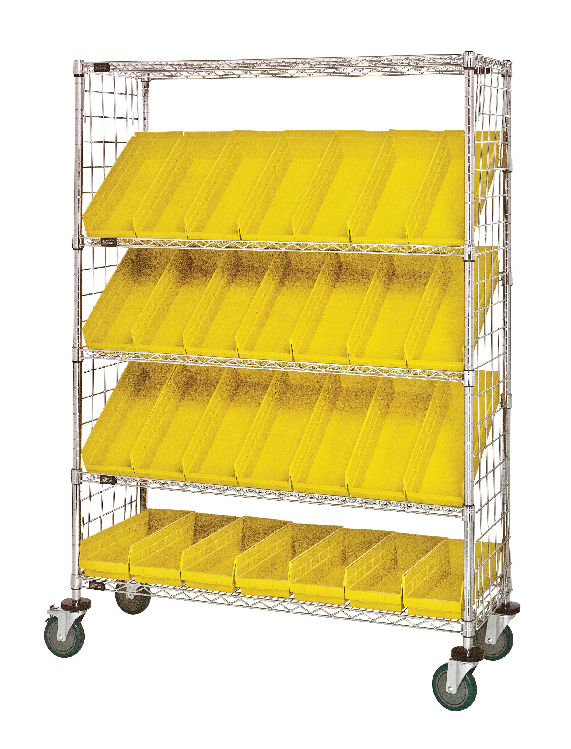 Slanted Shelf Enclosure Cart, 48"W x 18"D x 69"H, 1200 lbs load capacity, includes: (2) flat and (3) slanted shelves, (20) QSB104 yellow bins and side enclosure panels, chrome plated finish, shipped KD
