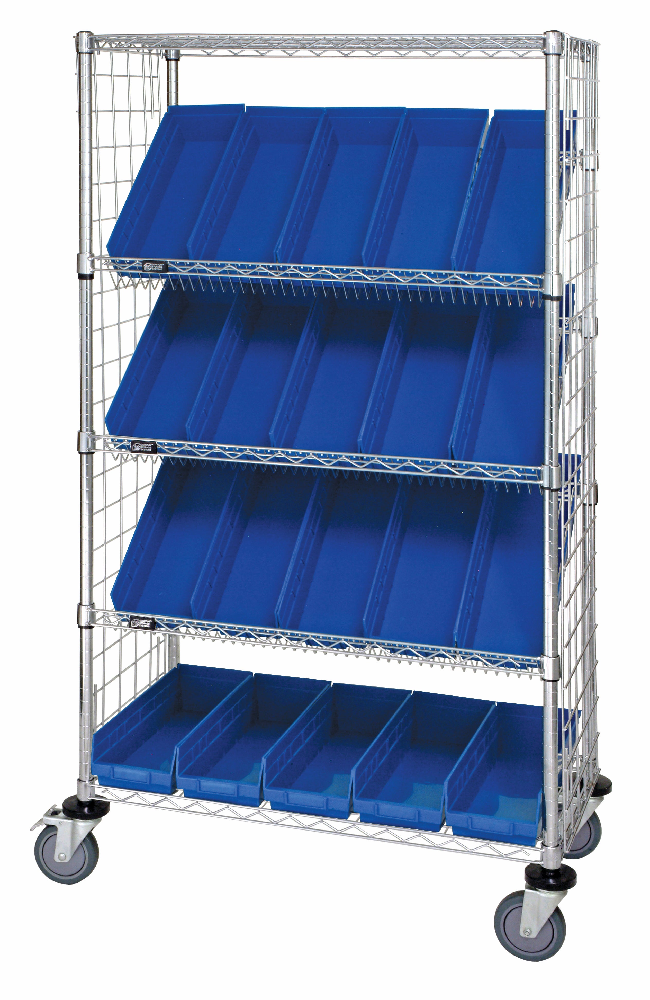 Slanted Shelf Enclosure Cart, 36"W x 24"D x 69"H, 1200 lbs load capacity, includes: (2) flat and (3) slanted shelves, (16) QSB106 blue bins and side enclosure panels, chrome plated finish, shipped KD