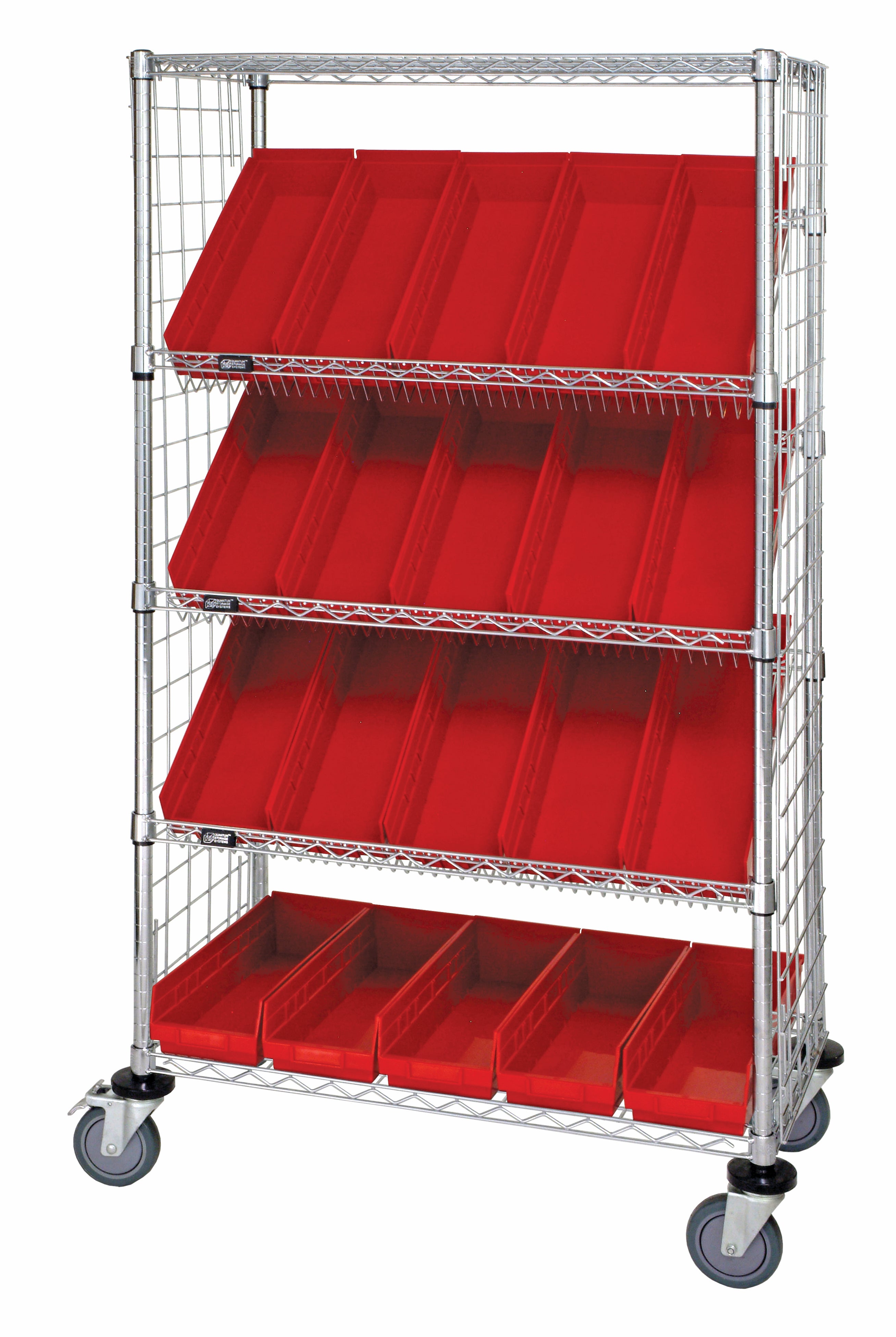 Slanted Shelf Enclosure Cart, 36"W x 24"D x 69"H, 1200 lbs load capacity, includes: (2) flat and (3) slanted shelves, (16) QSB106 red bins and side enclosure panels, chrome plated finish, shipped KD