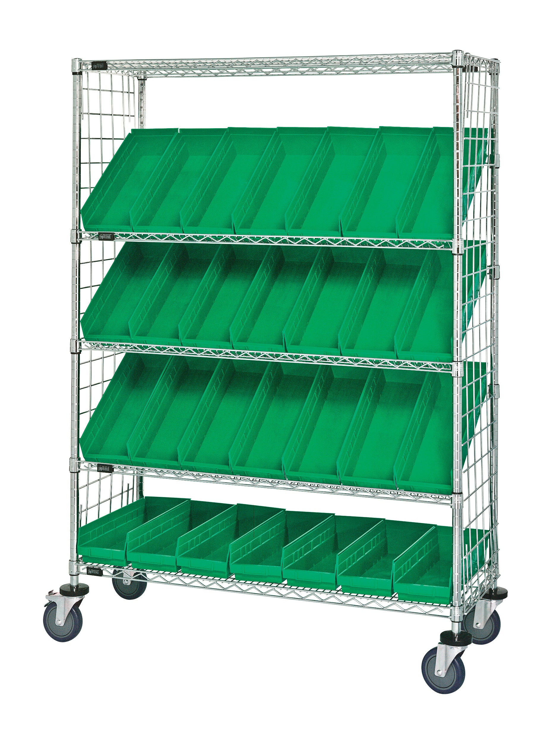 Slanted Shelf Enclosure Cart, 48"W x 24"D x 69"H, 1200 lbs load capacity, includes: (2) flat and (3) slanted shelves, (24) QSB106 green bins and side enclosure panels, chrome plated finish, shipped KD