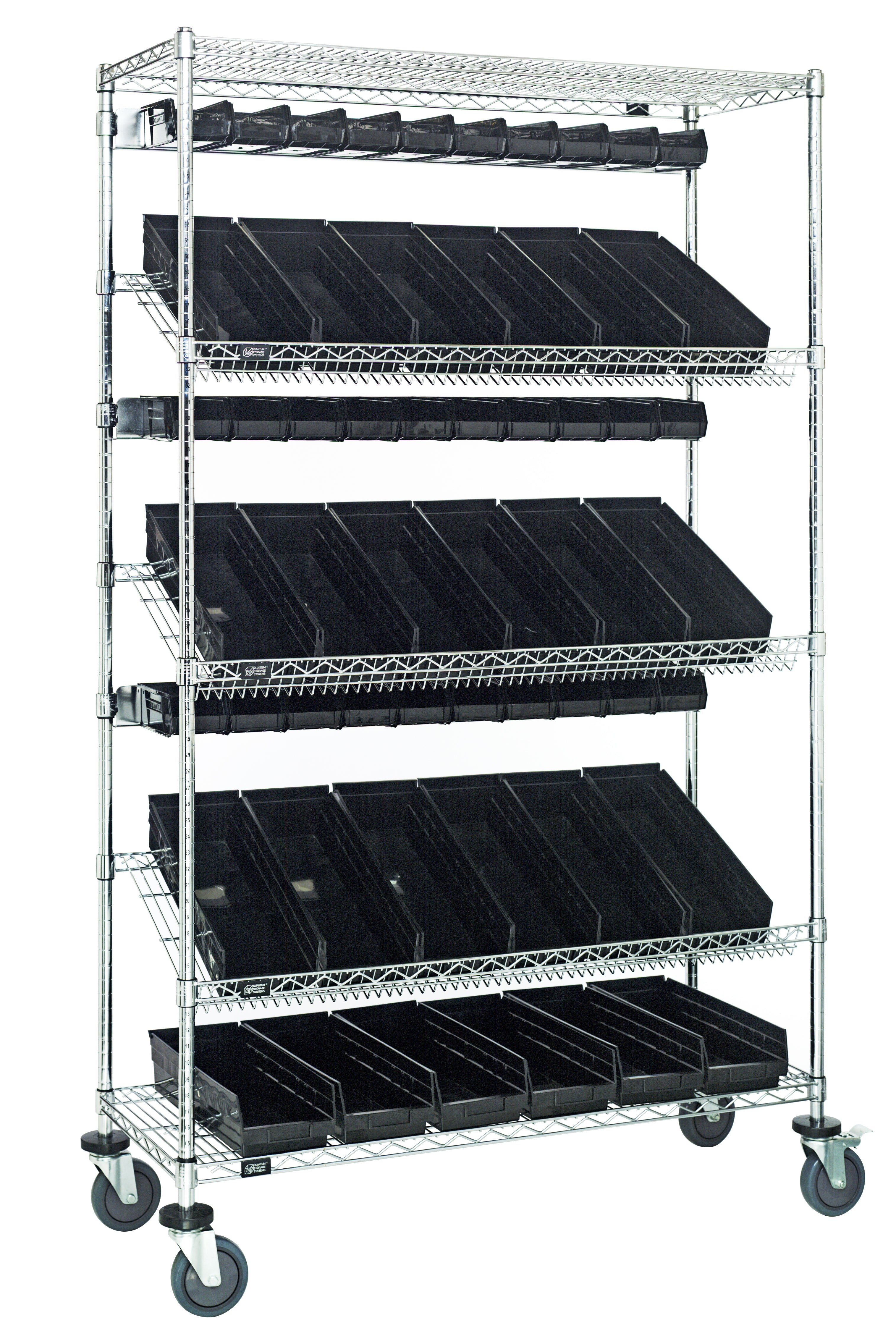 Slanted Shelf Cart, 36"W x 18"D x 80"H, 1200 lbs. load capacity, includes: (2) flat and (3) slanted shelves, (20) QSB104 and (24) QUS220 black bins, and casters with donut bumpers, chrome plated finish