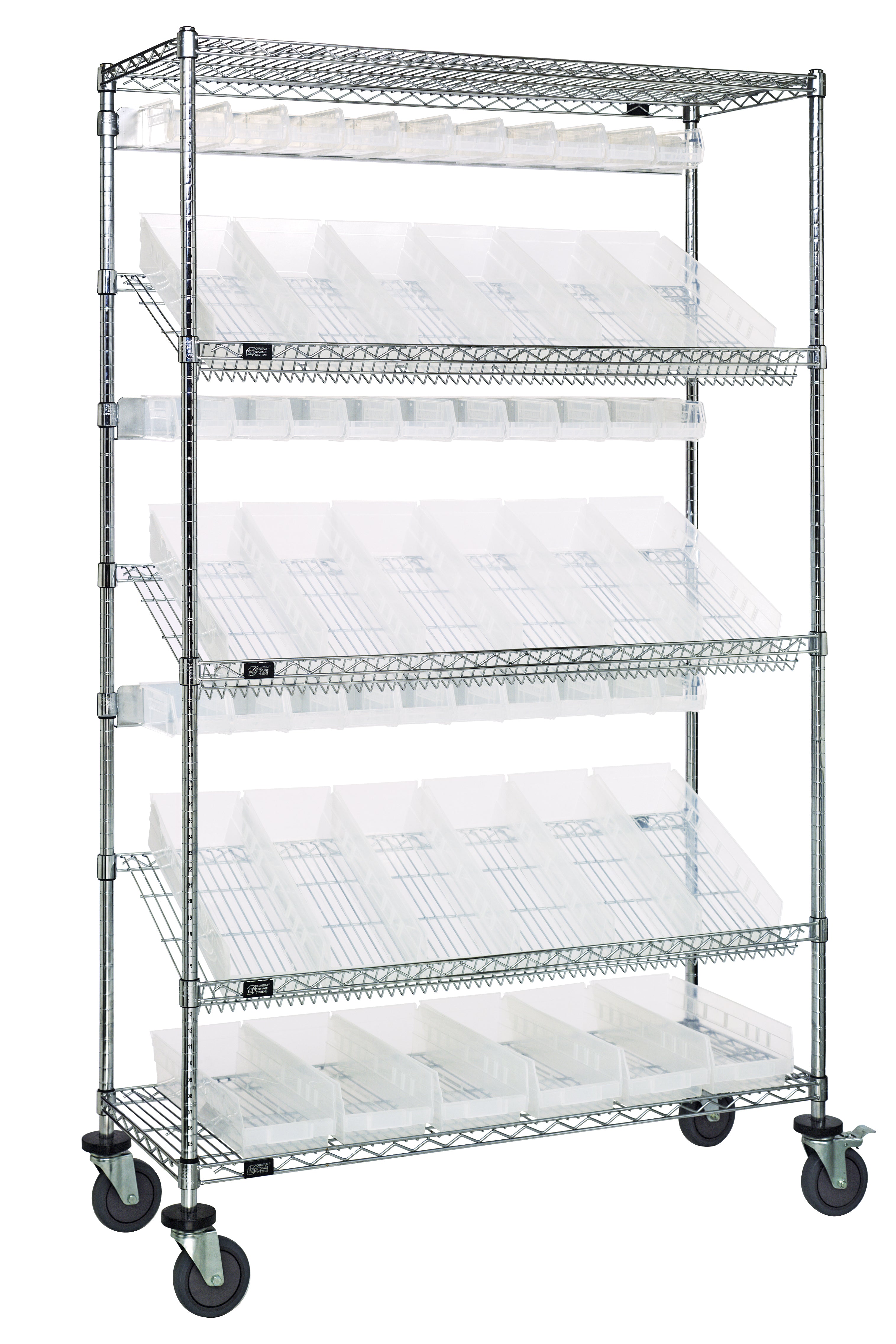 Slanted Shelf Cart, 36"W x 18"D x 80"H, 1200 lbs. load capacity, includes: (2) flat and (3) slanted shelves, (20) QSB104 and (24) QUS220 clear bins, and casters with donut bumpers, chrome plated finish