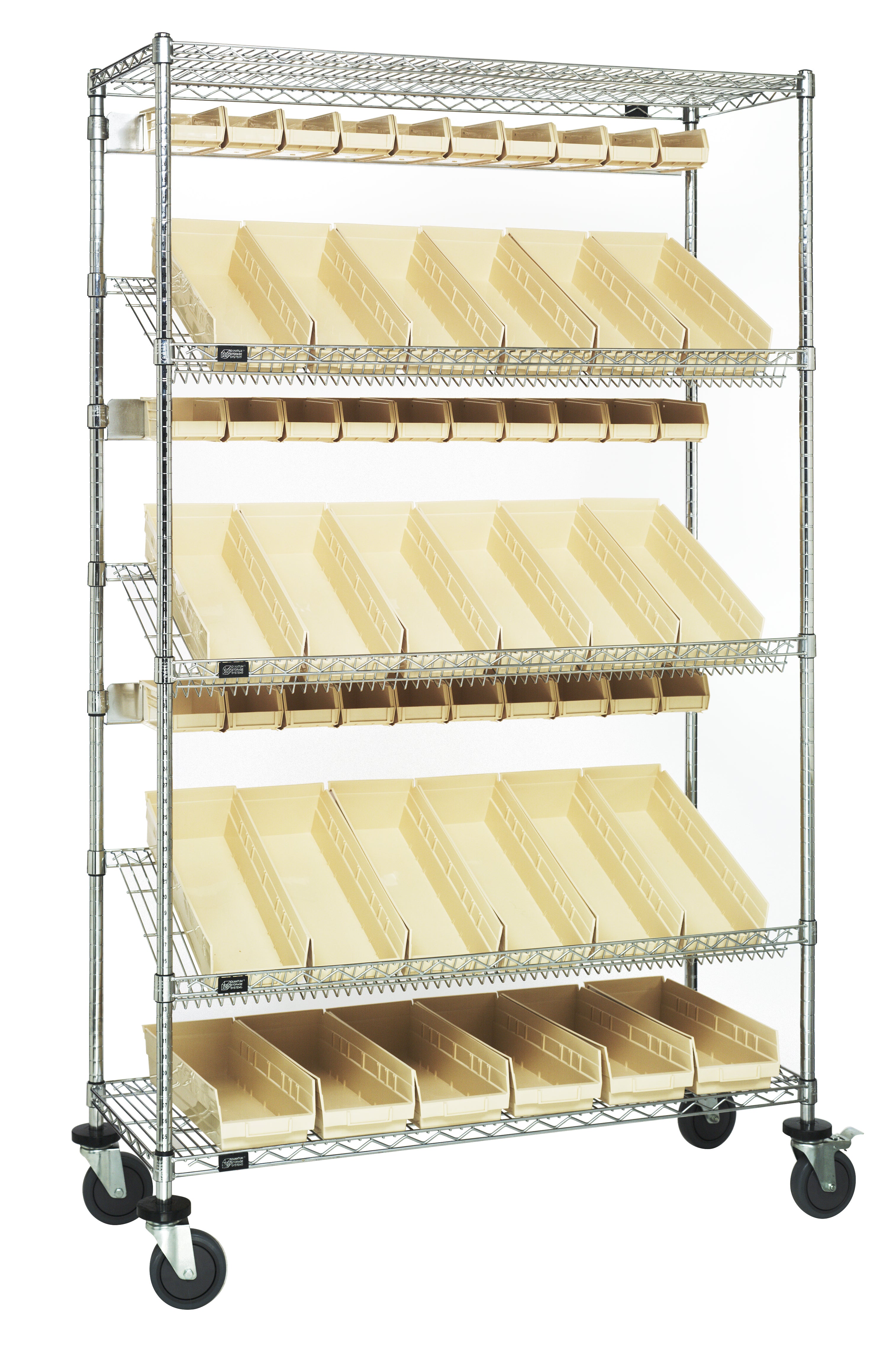 Slanted Shelf Cart, 36"W x 18"D x 80"H, 1200 lbs. load capacity, includes: (2) flat and (3) slanted shelves, (20) QSB104 and (24) QUS220 ivory bins, and casters with donut bumpers, chrome plated finish