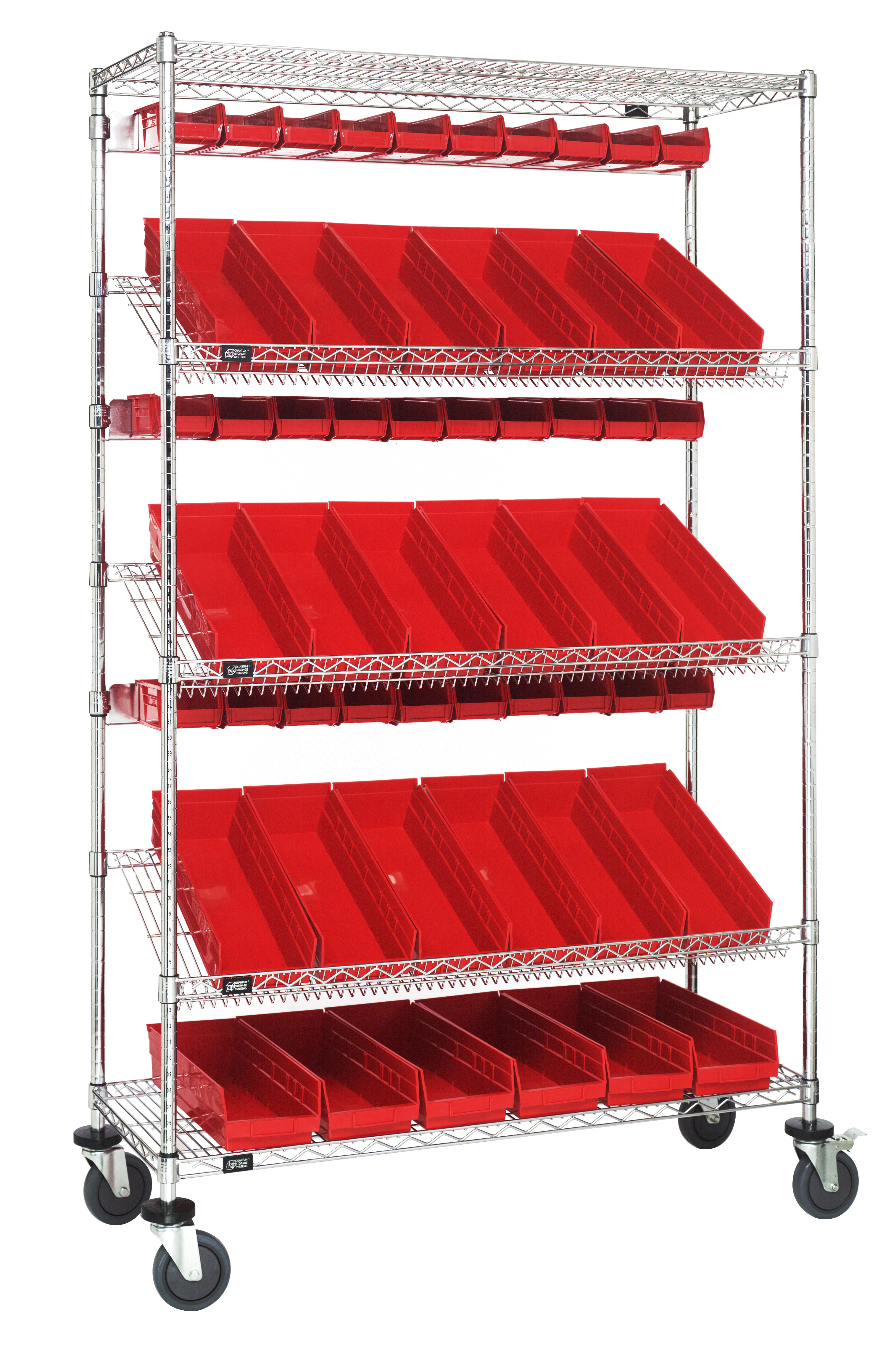 Slanted Shelf Cart, 36"W x 18"D x 80"H, 1200 lbs. load capacity, includes: (2) flat and (3) slanted shelves, (20) QSB104 and (24) QUS220 red bins, and casters with donut bumpers, chrome plated finish
