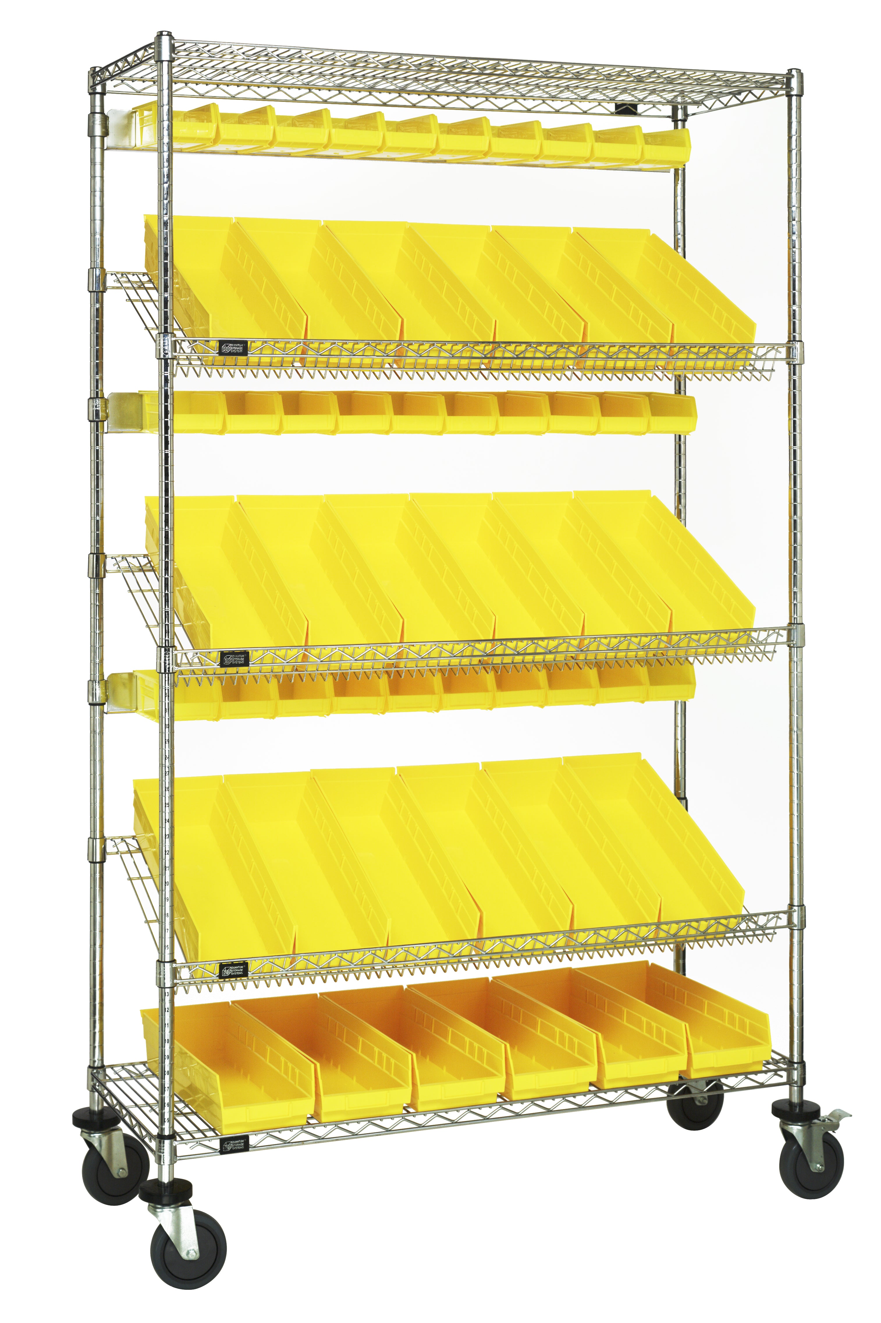 Slanted Shelf Cart, 36"W x 18"D x 80"H, 1200 lbs. load capacity, includes: (2) flat and (3) slanted shelves, (20) QSB104 and (24) QUS220 yellow bins, and casters with donut bumpers, chrome plated finish