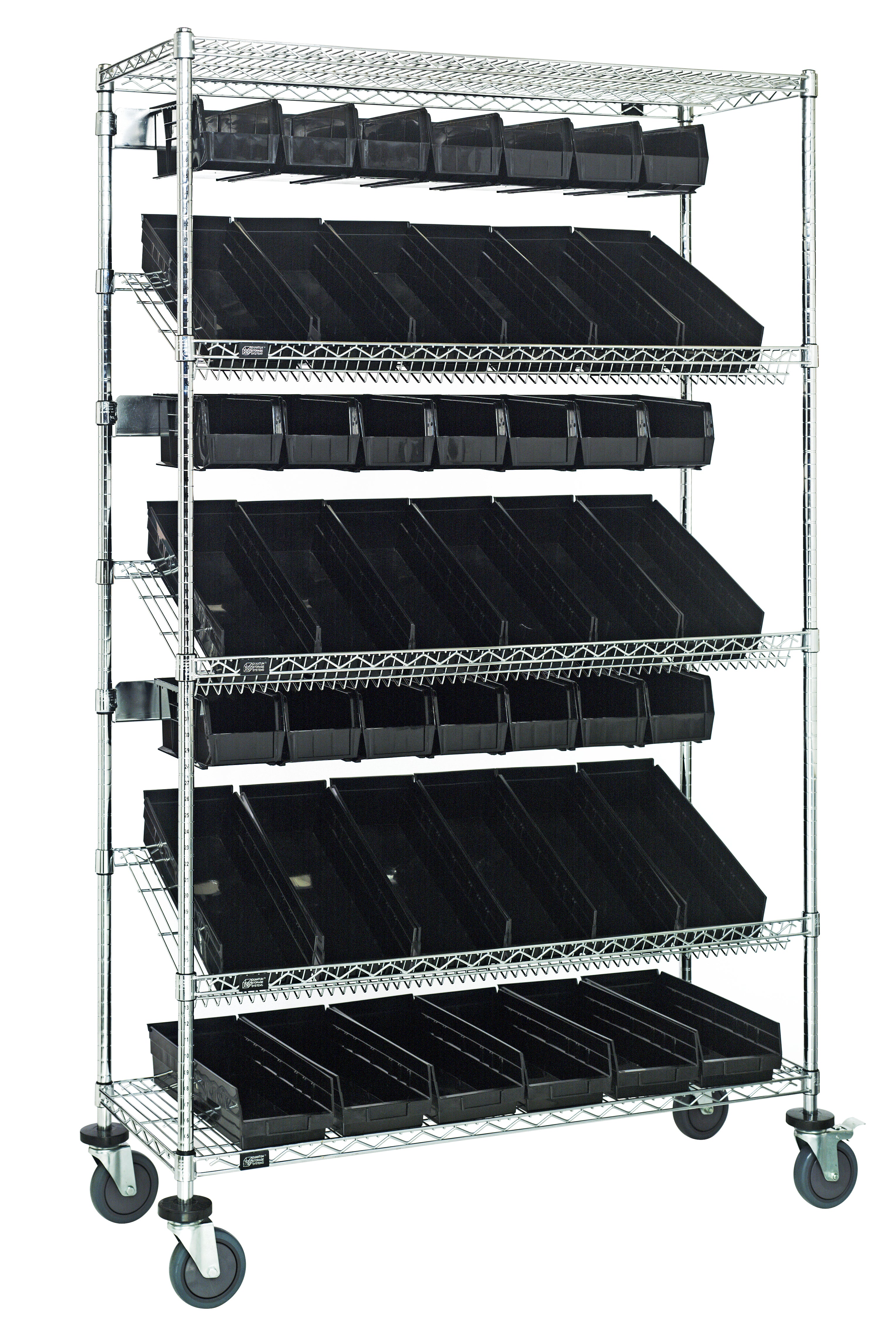 Slanted Shelf Cart, 36"W x 18"D x 80"H, 1200 lbs. load capacity, includes: (2) flat and (3) slanted shelves, (20) QSB104 and (18) QUS230 black bins, and casters with donut bumpers, chrome plated finish