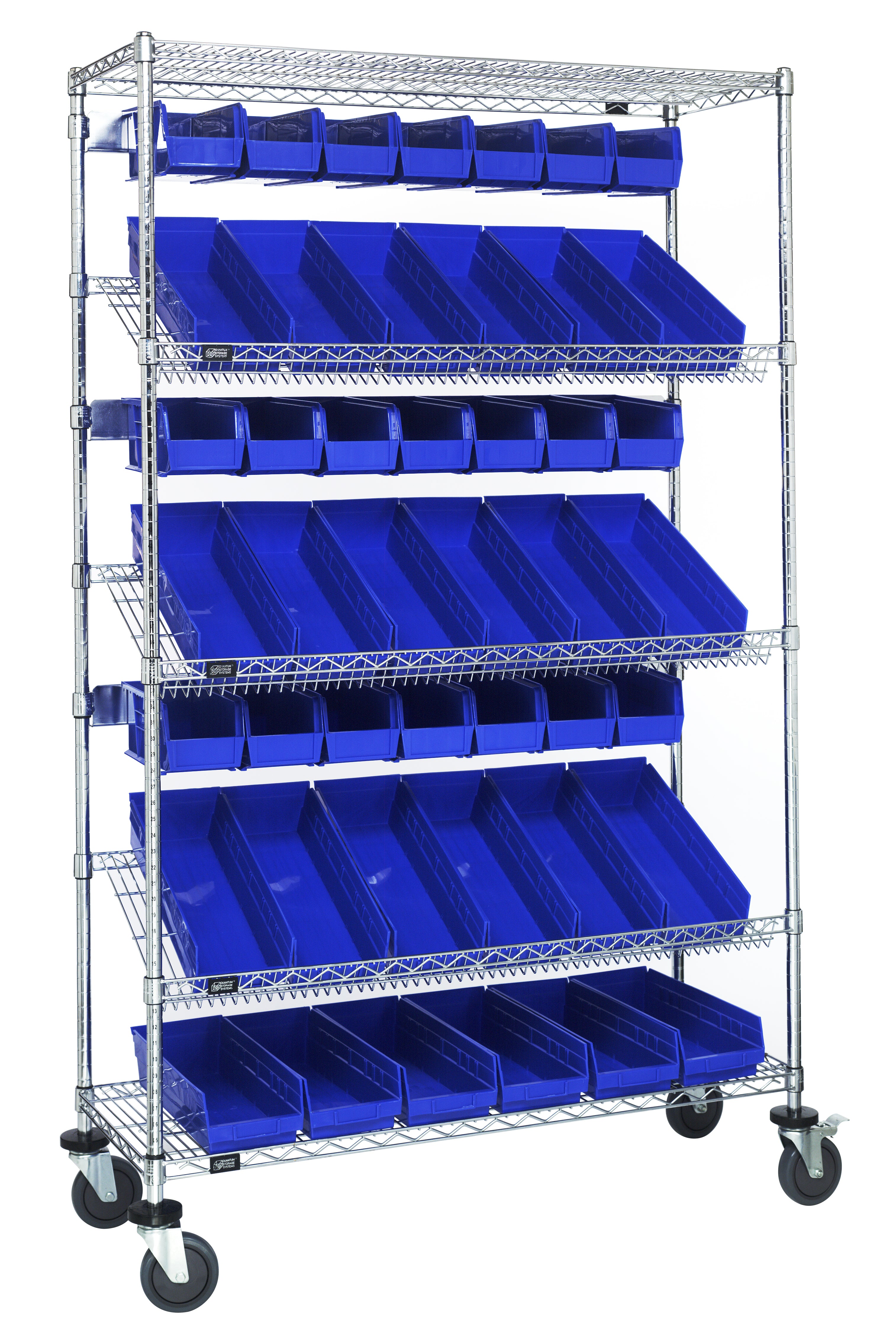 Slanted Shelf Cart, 36"W x 18"D x 80"H, 1200 lbs. load capacity, includes: (2) flat and (3) slanted shelves, (20) QSB104 and (18) QUS230 blue bins, and casters with donut bumpers, chrome plated finish