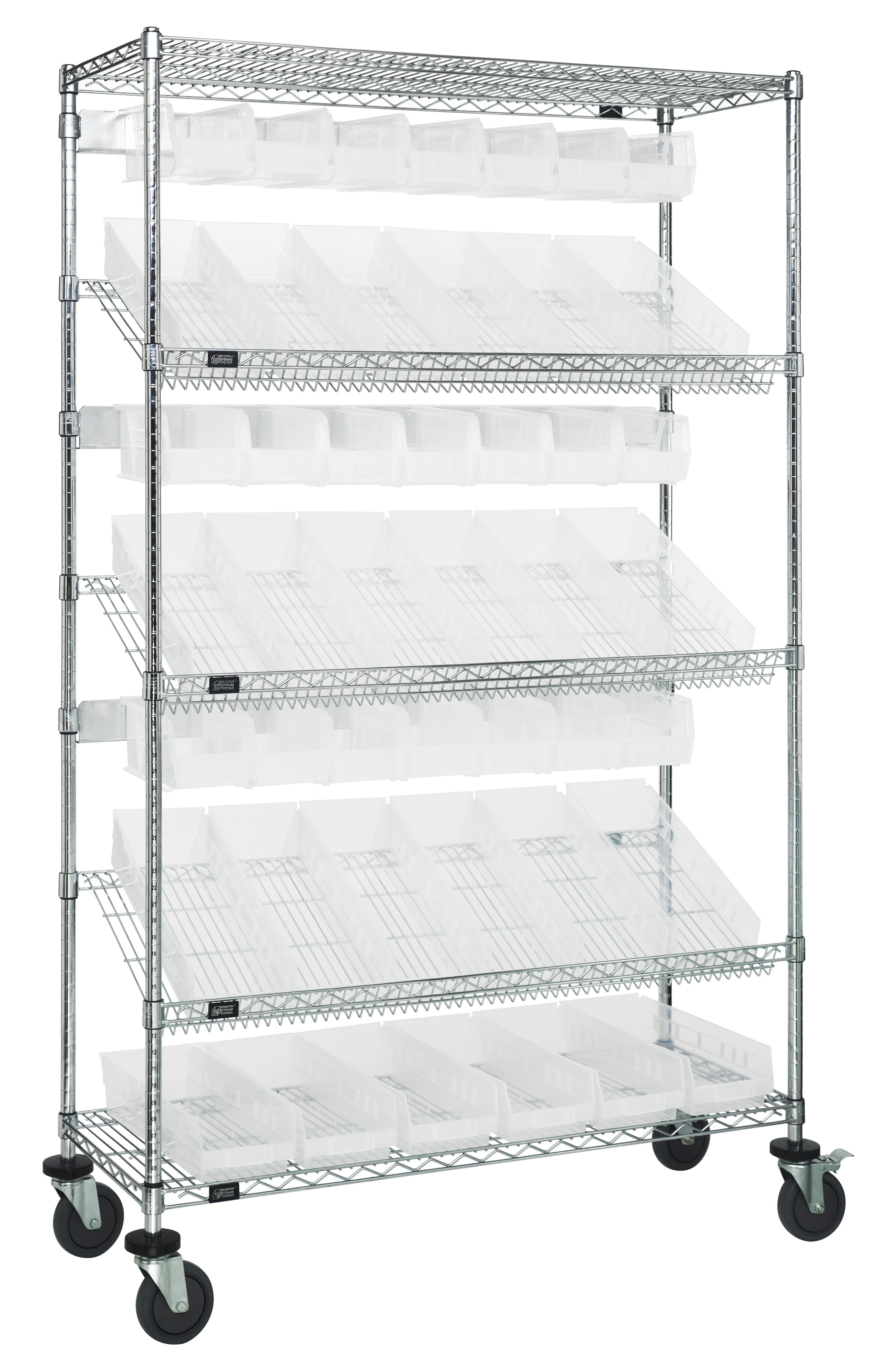 Slanted Shelf Cart, 36"W x 18"D x 80"H, 1200 lbs. load capacity, includes: (2) flat and (3) slanted shelves, (20) QSB104 and (18) QUS230 clear bins, and casters with donut bumpers, chrome plated finish