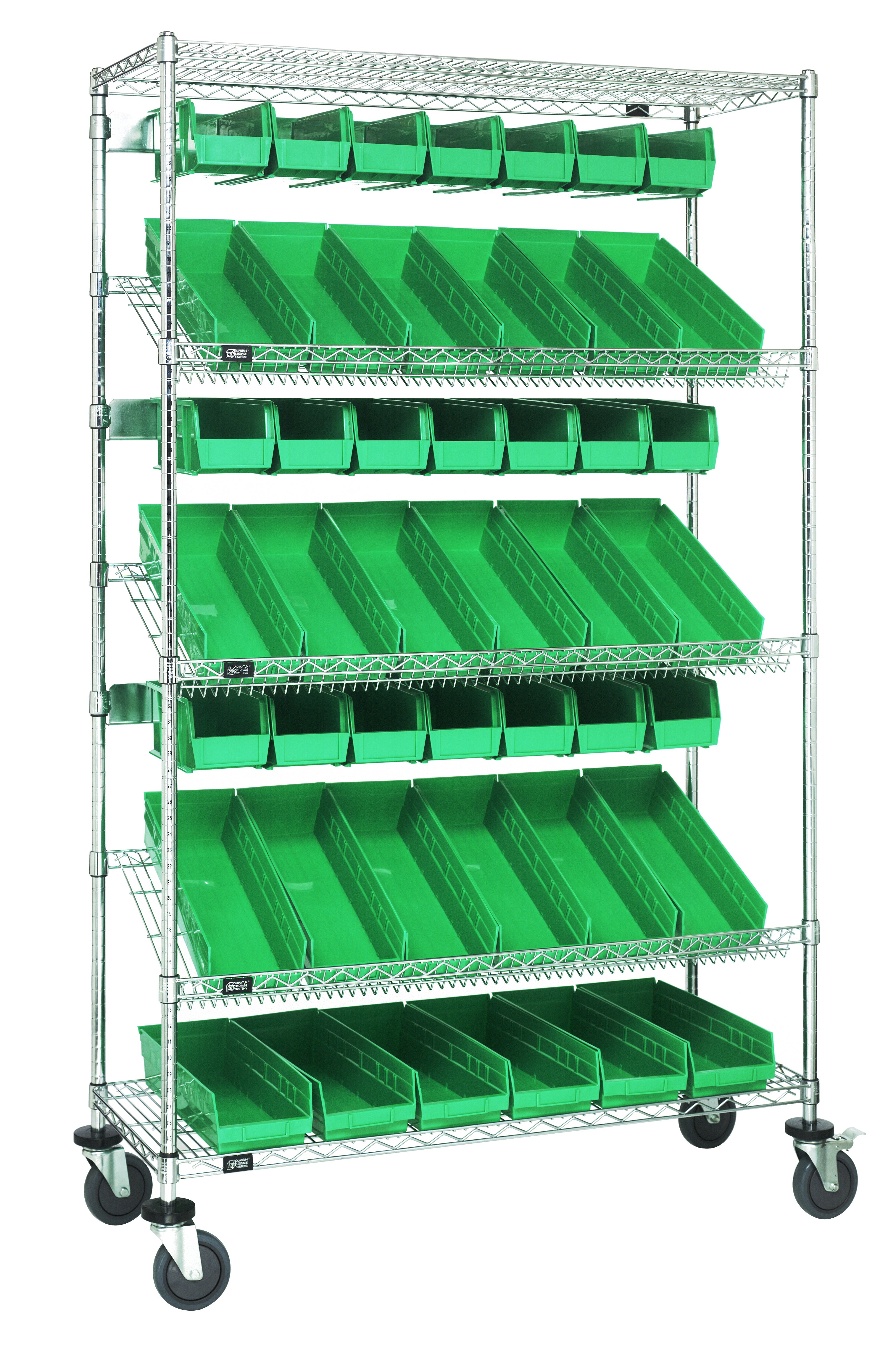 Slanted Shelf Cart, 36"W x 18"D x 80"H, 1200 lbs. load capacity, includes: (2) flat and (3) slanted shelves, (20) QSB104 and (18) QUS230 green bins, and casters with donut bumpers, chrome plated finish