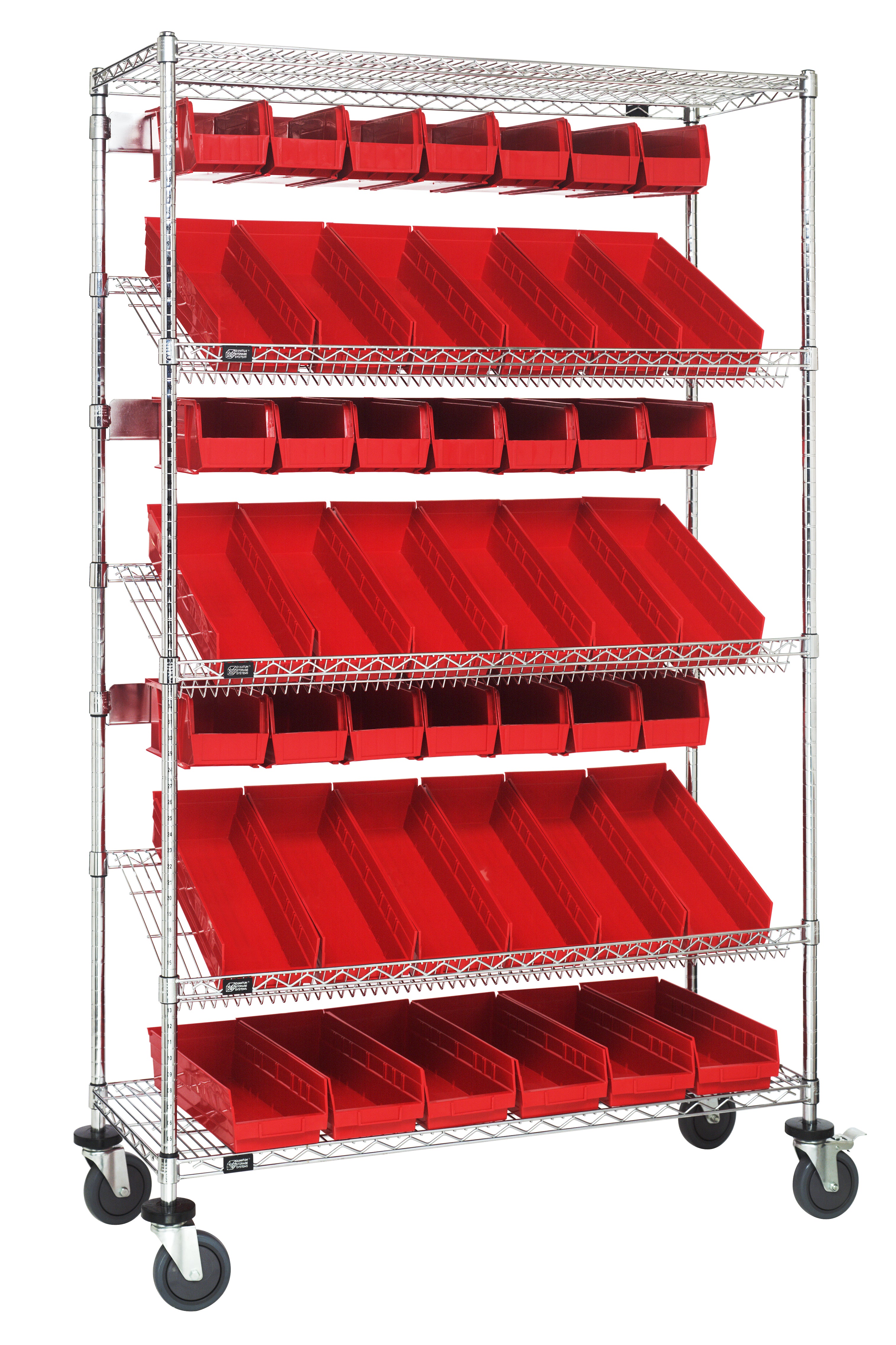 Slanted Shelf Cart, 36"W x 18"D x 80"H, 1200 lbs. load capacity, includes: (2) flat and (3) slanted shelves, (20) QSB104 and (18) QUS230 red bins, and casters with donut bumpers, chrome plated finish