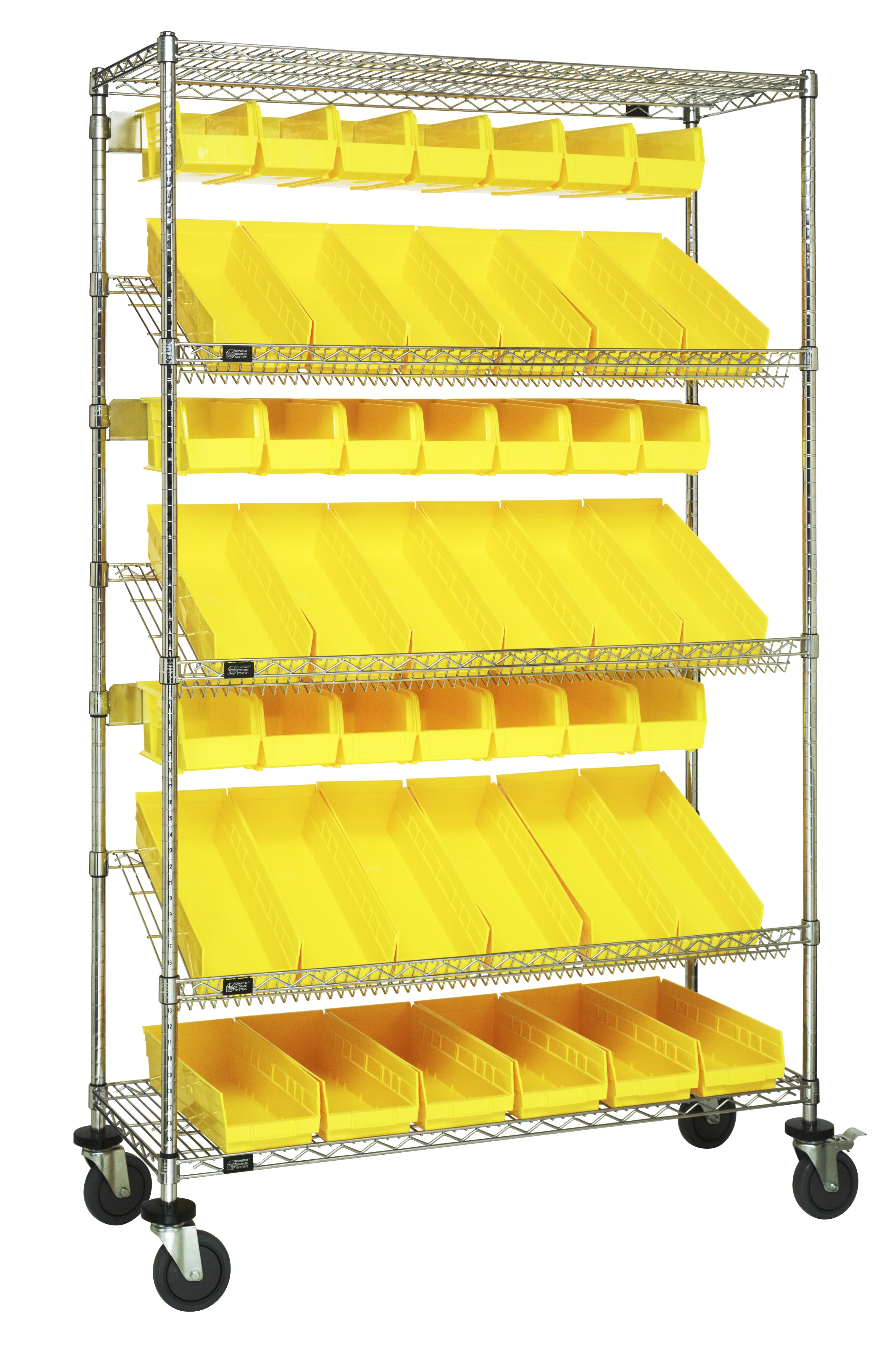 Slanted Shelf Cart, 36"W x 18"D x 80"H, 1200 lbs. load capacity, includes: (2) flat and (3) slanted shelves, (20) QSB104 and (18) QUS230 yellow bins, and casters with donut bumpers, chrome plated finish