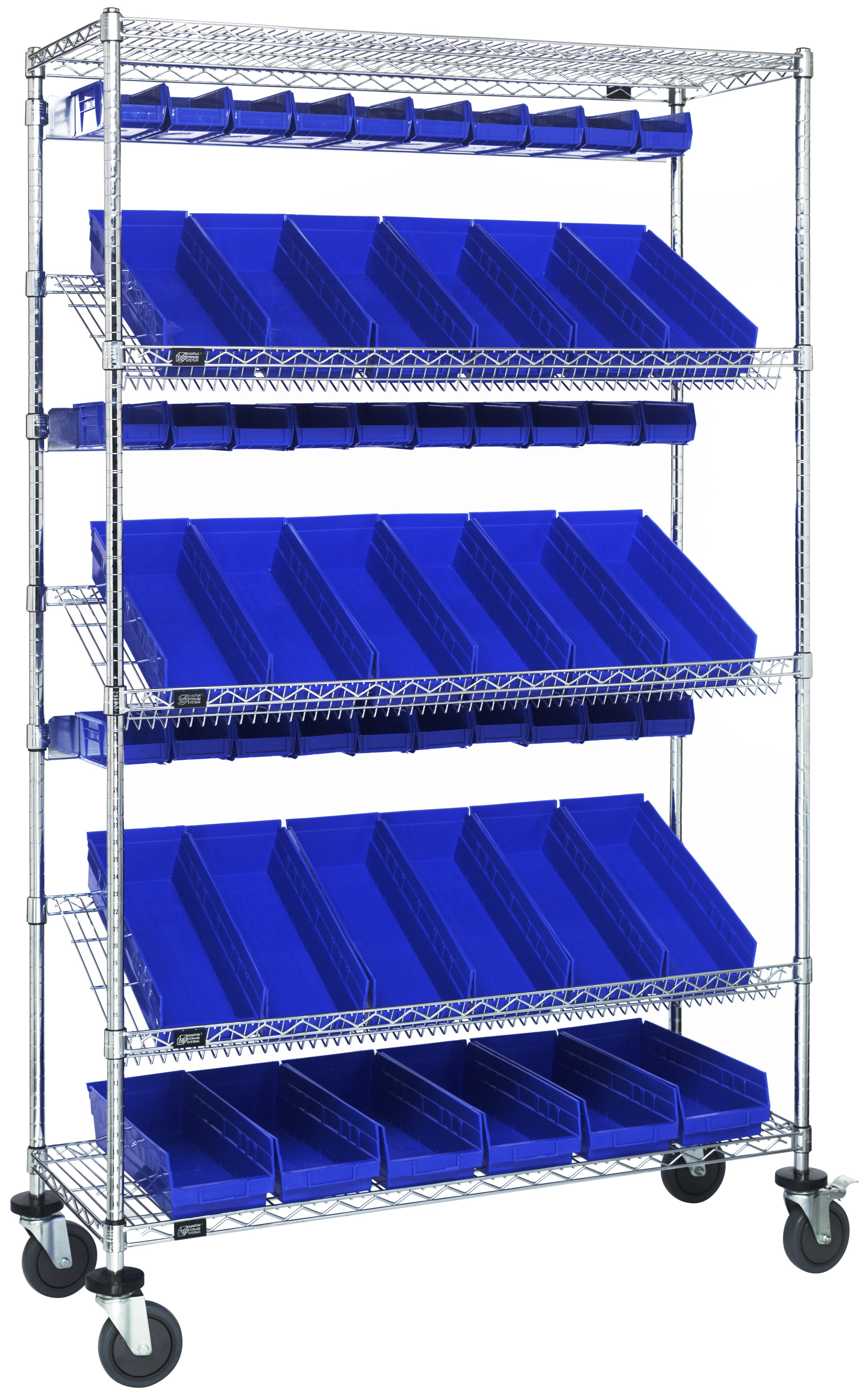 Slanted Shelf Cart, 48"W x 18"D x 80"H, 1200 lbs. load capacity, includes: (2) flat and (3) slanted shelves, (20) QSB104 and (30) QUS220 blue bins, and casters with donut bumpers, chrome plated finish